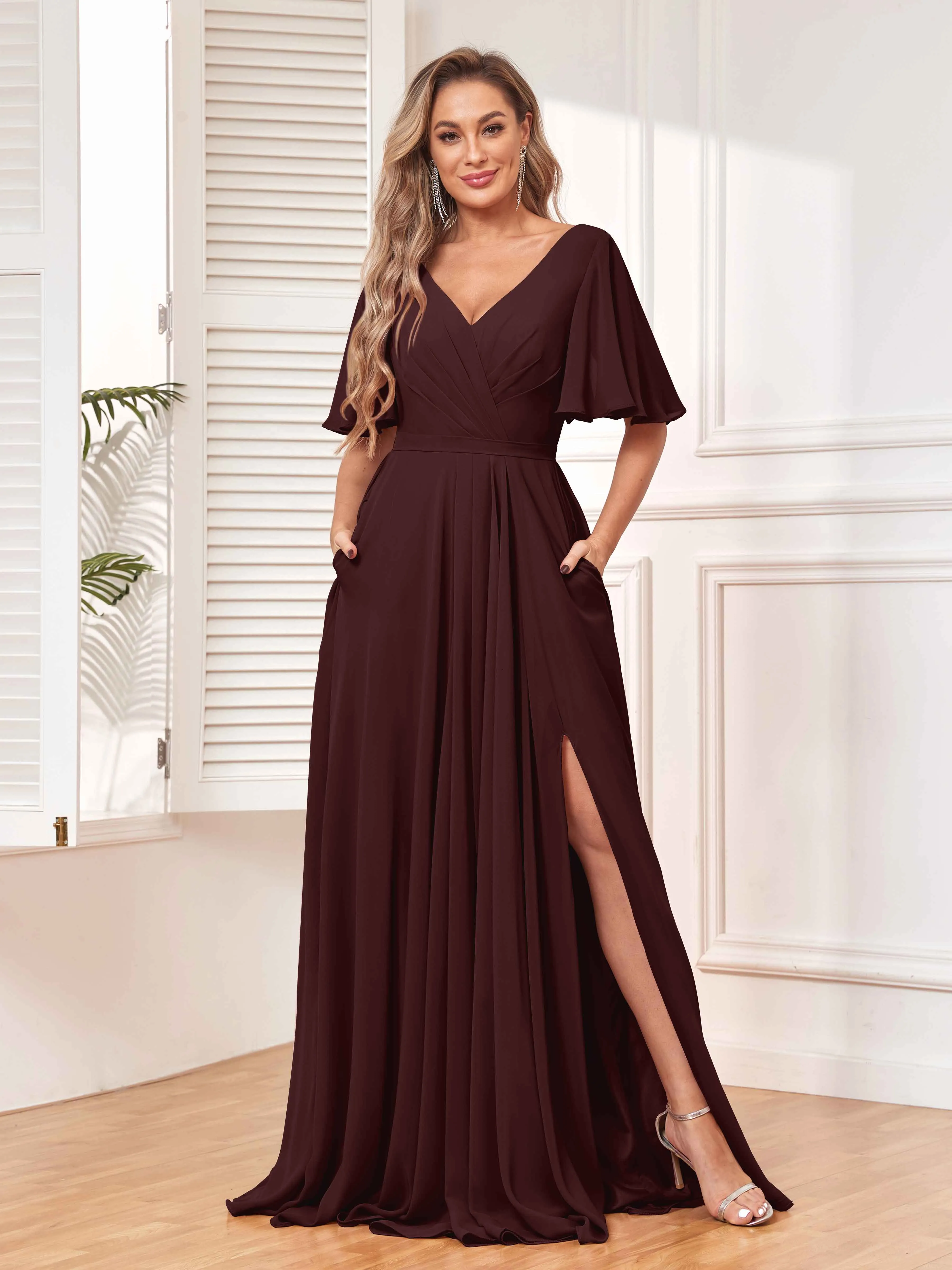 Aubrey Flowing V-Neck Slit Floor Length Bridesmaid Dresses