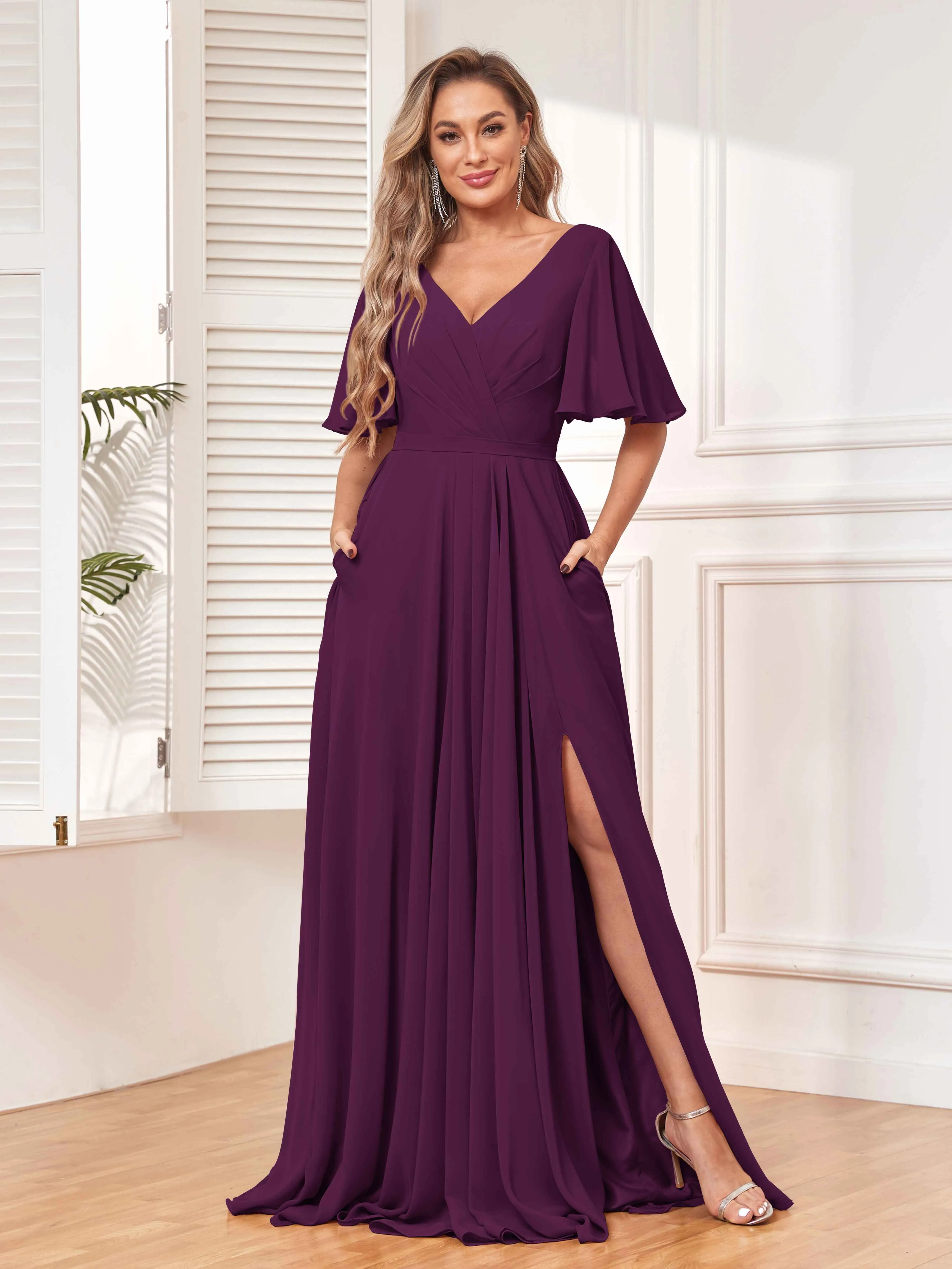 Aubrey Flowing V-Neck Slit Floor Length Bridesmaid Dresses