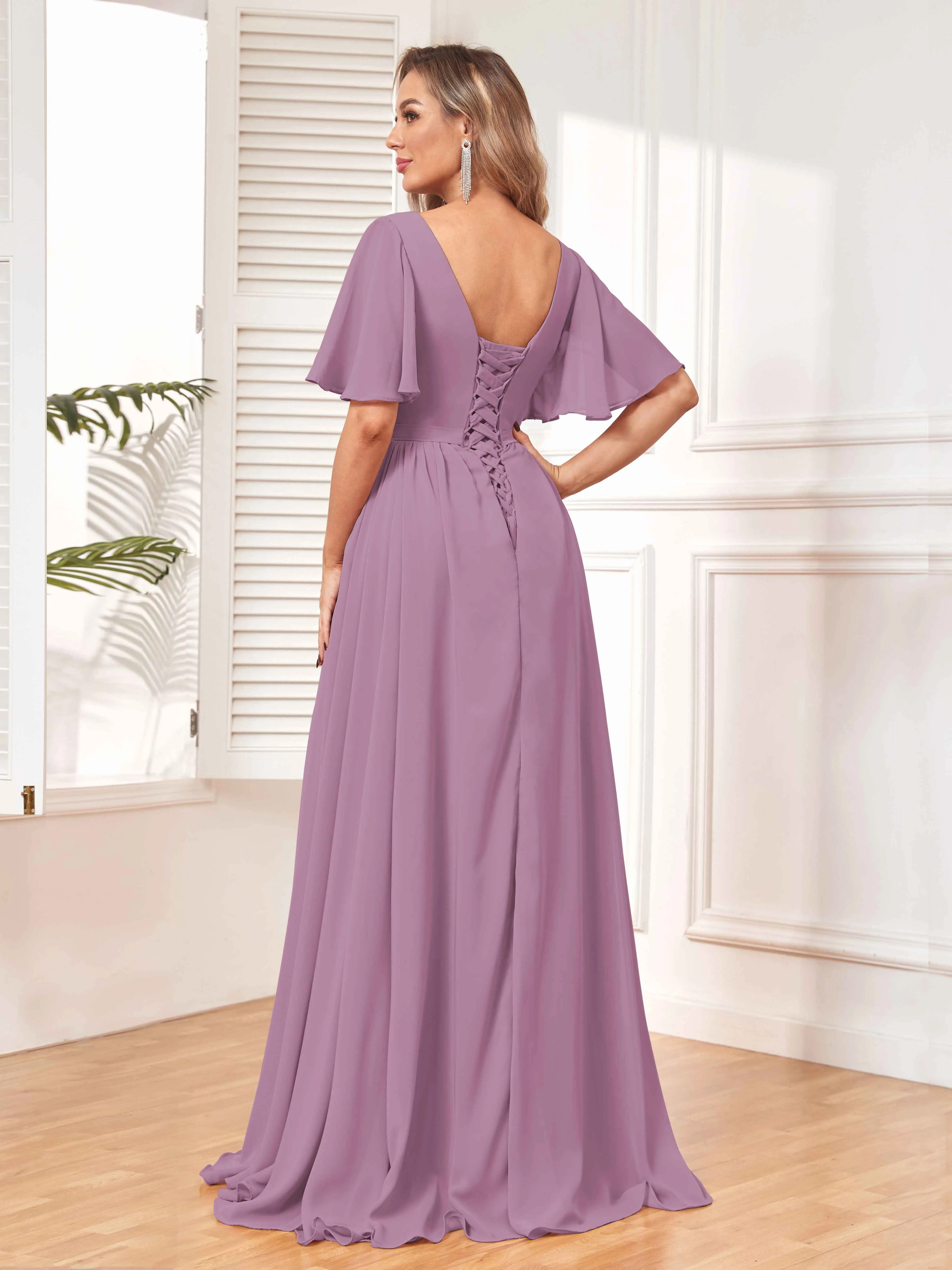Aubrey Flowing V-Neck Slit Floor Length Bridesmaid Dresses