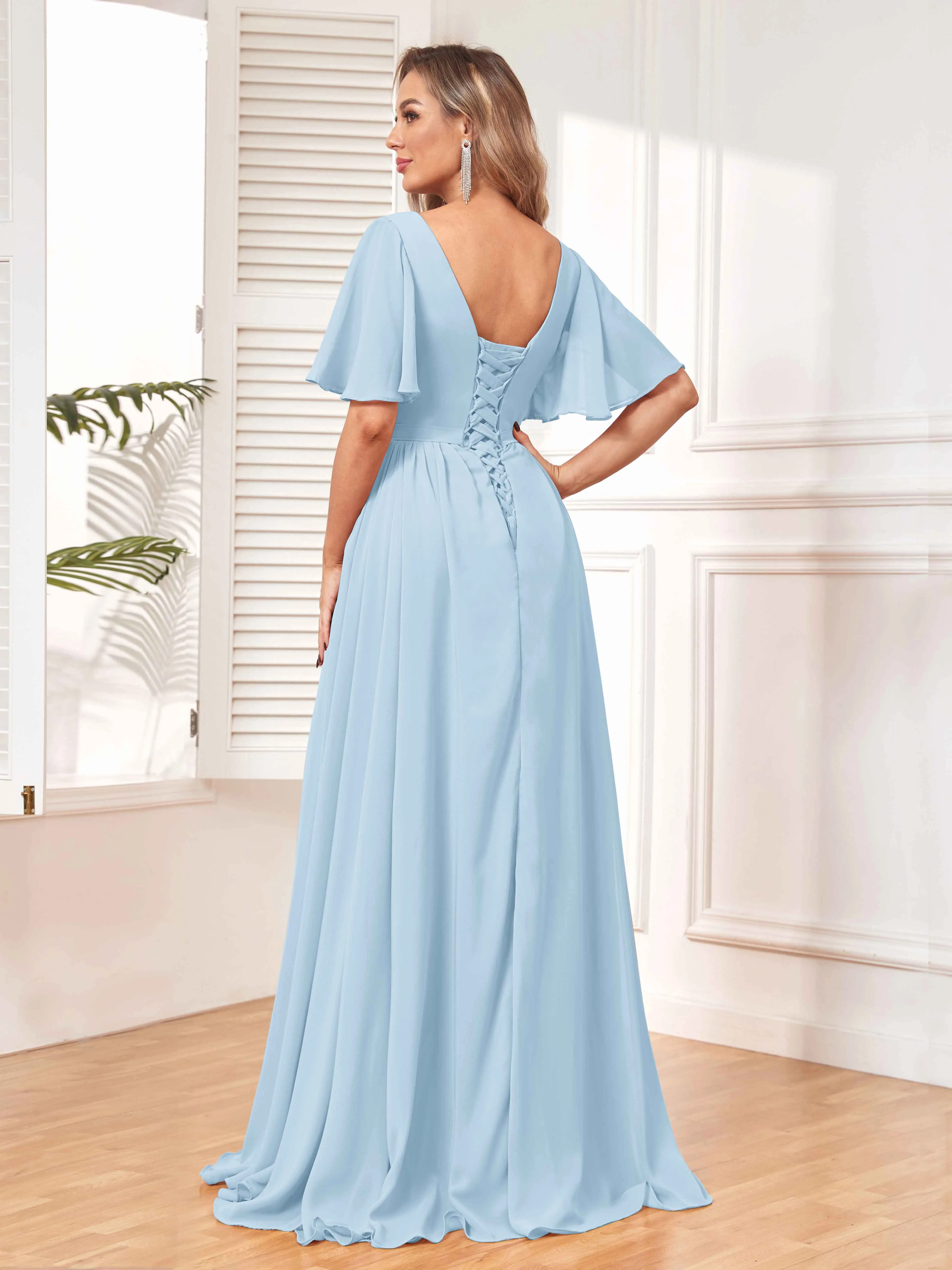 Aubrey Flowing V-Neck Slit Floor Length Bridesmaid Dresses