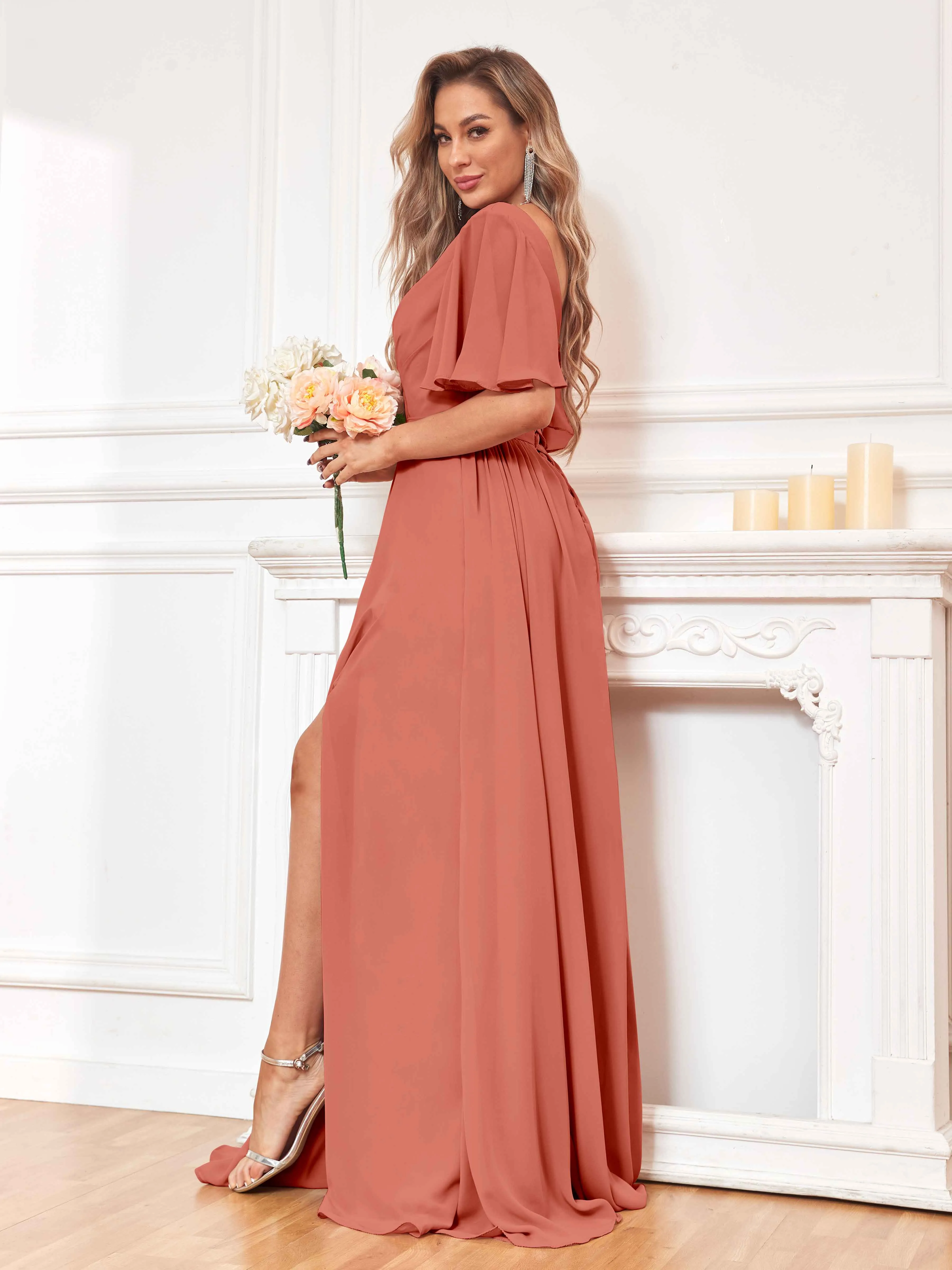 Aubrey Flowing V-Neck Slit Floor Length Bridesmaid Dresses