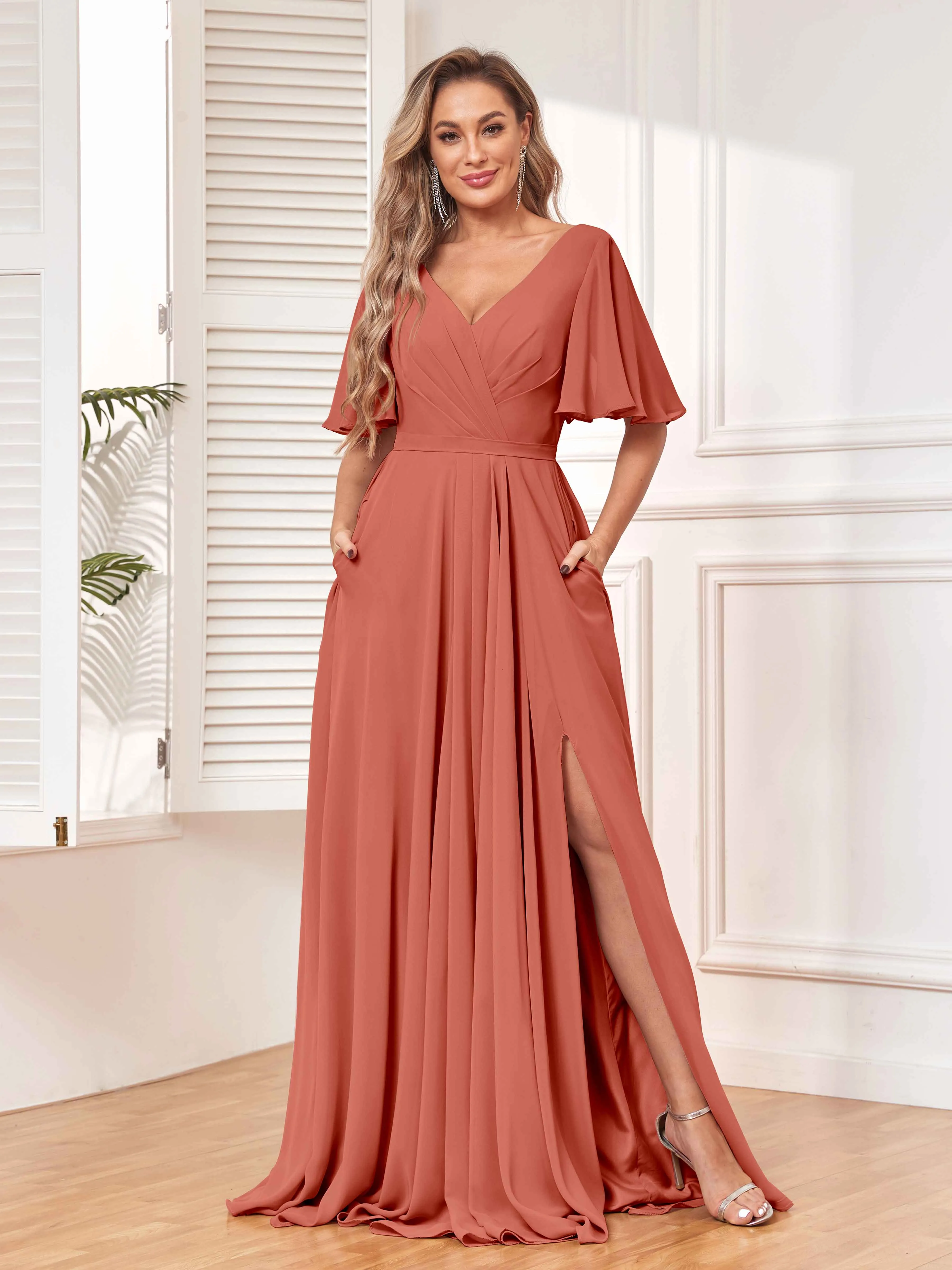 Aubrey Flowing V-Neck Slit Floor Length Bridesmaid Dresses