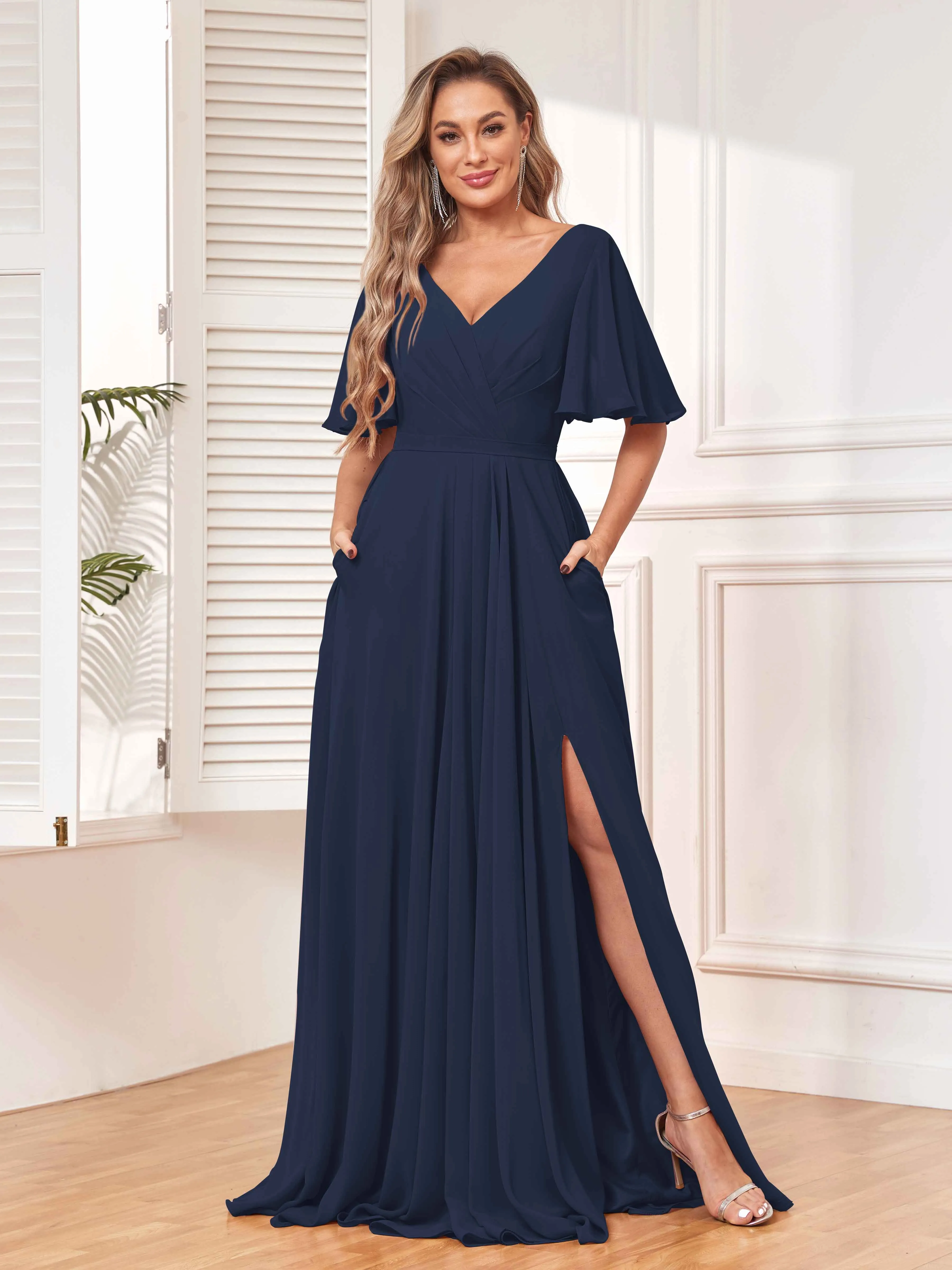 Aubrey Flowing V-Neck Slit Floor Length Bridesmaid Dresses