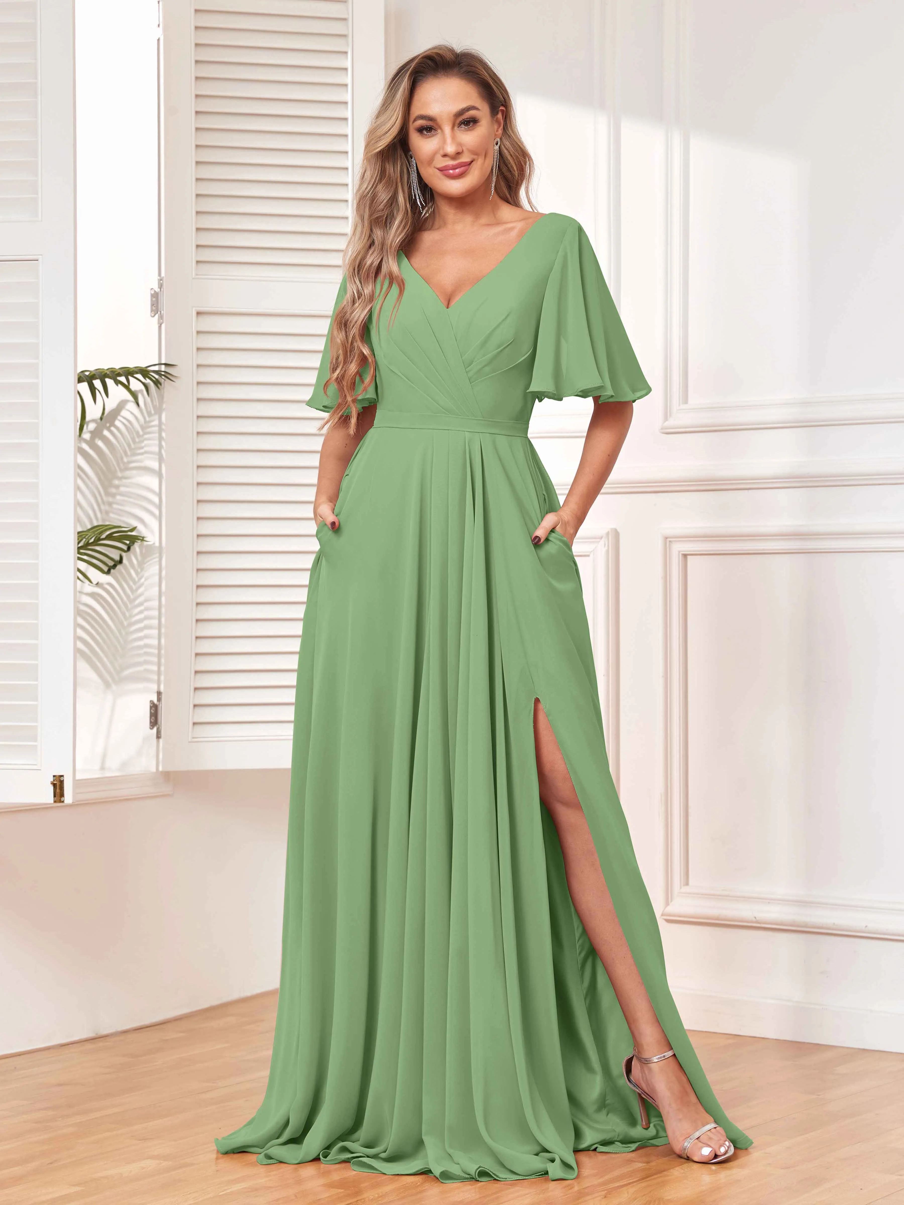 Aubrey Flowing V-Neck Slit Floor Length Bridesmaid Dresses