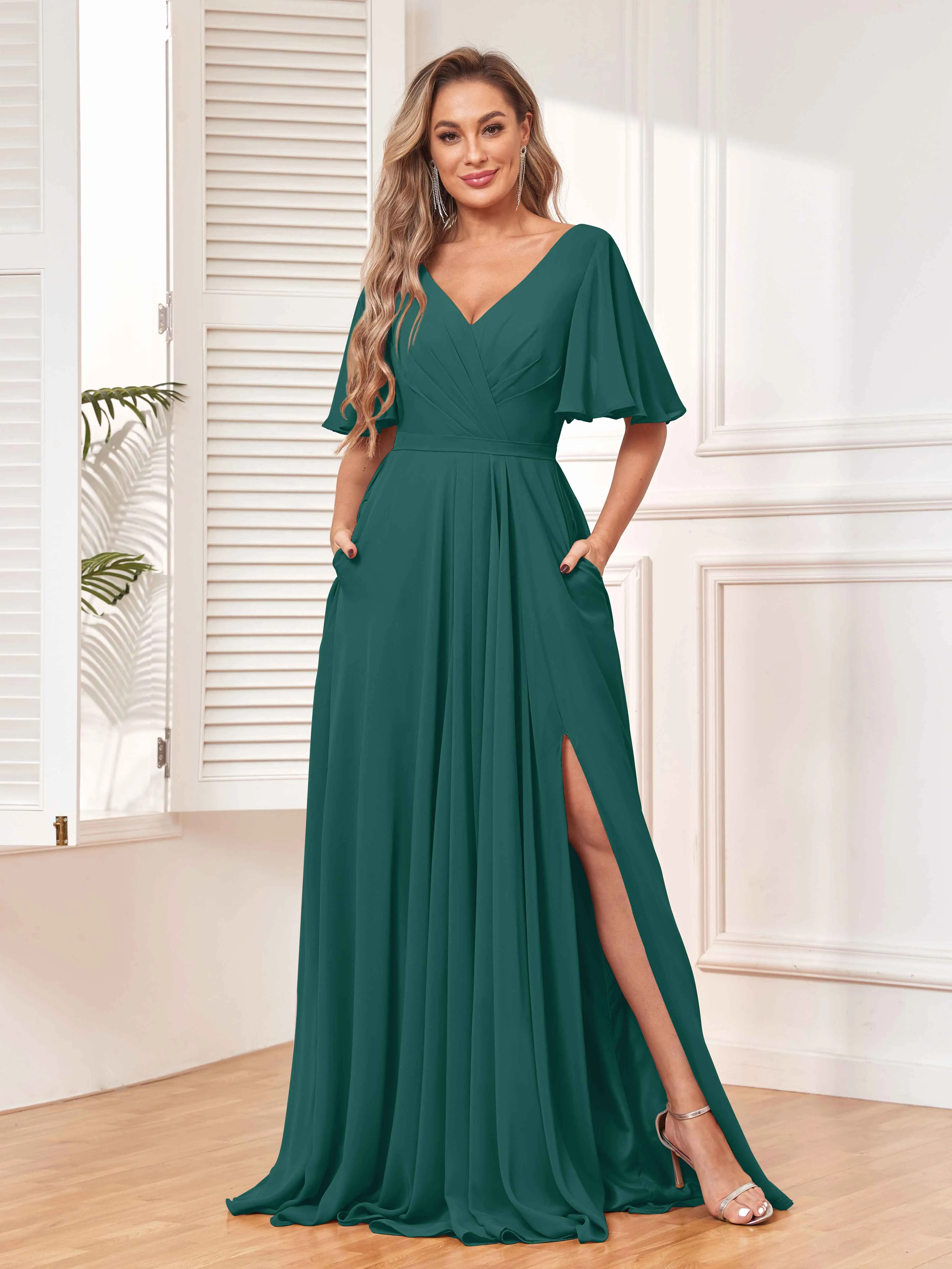 Aubrey Flowing V-Neck Slit Floor Length Bridesmaid Dresses