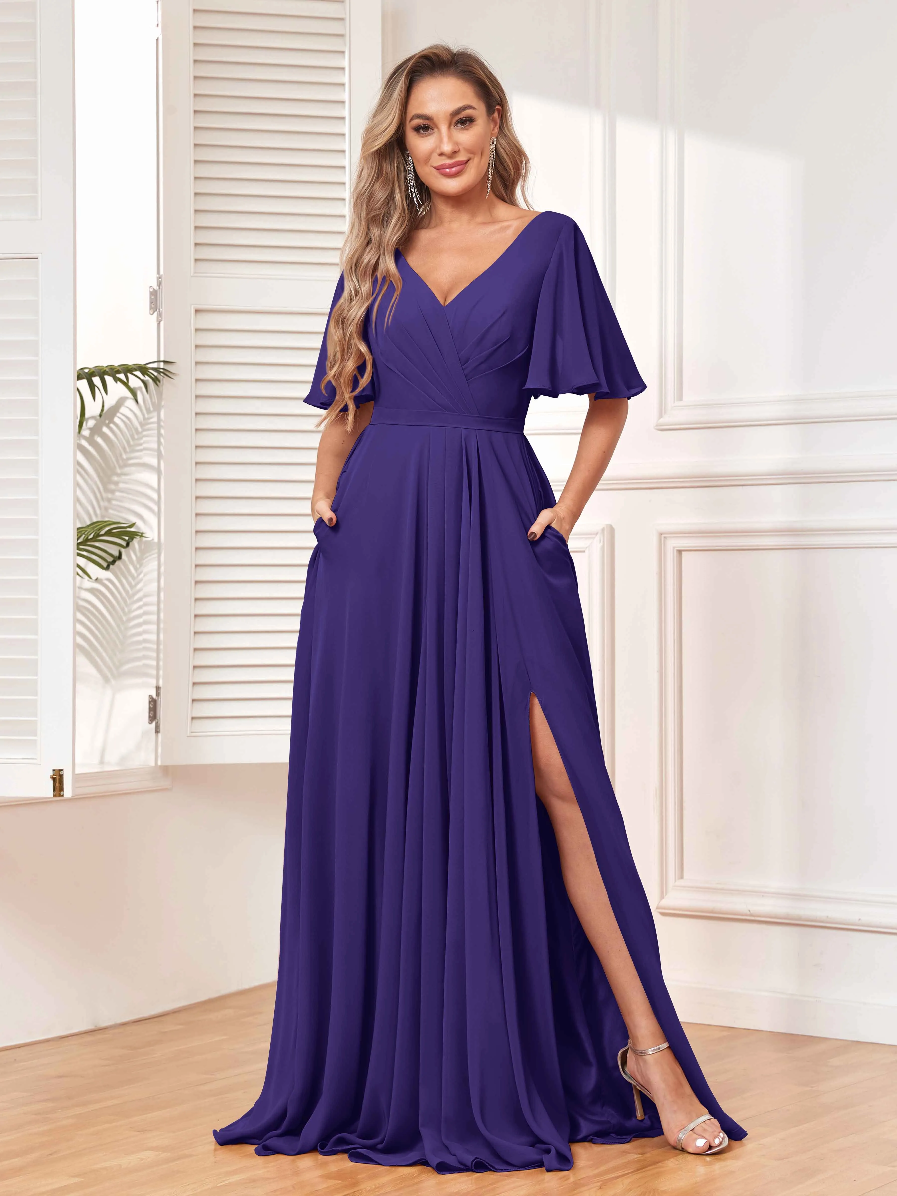 Aubrey Flowing V-Neck Slit Floor Length Bridesmaid Dresses