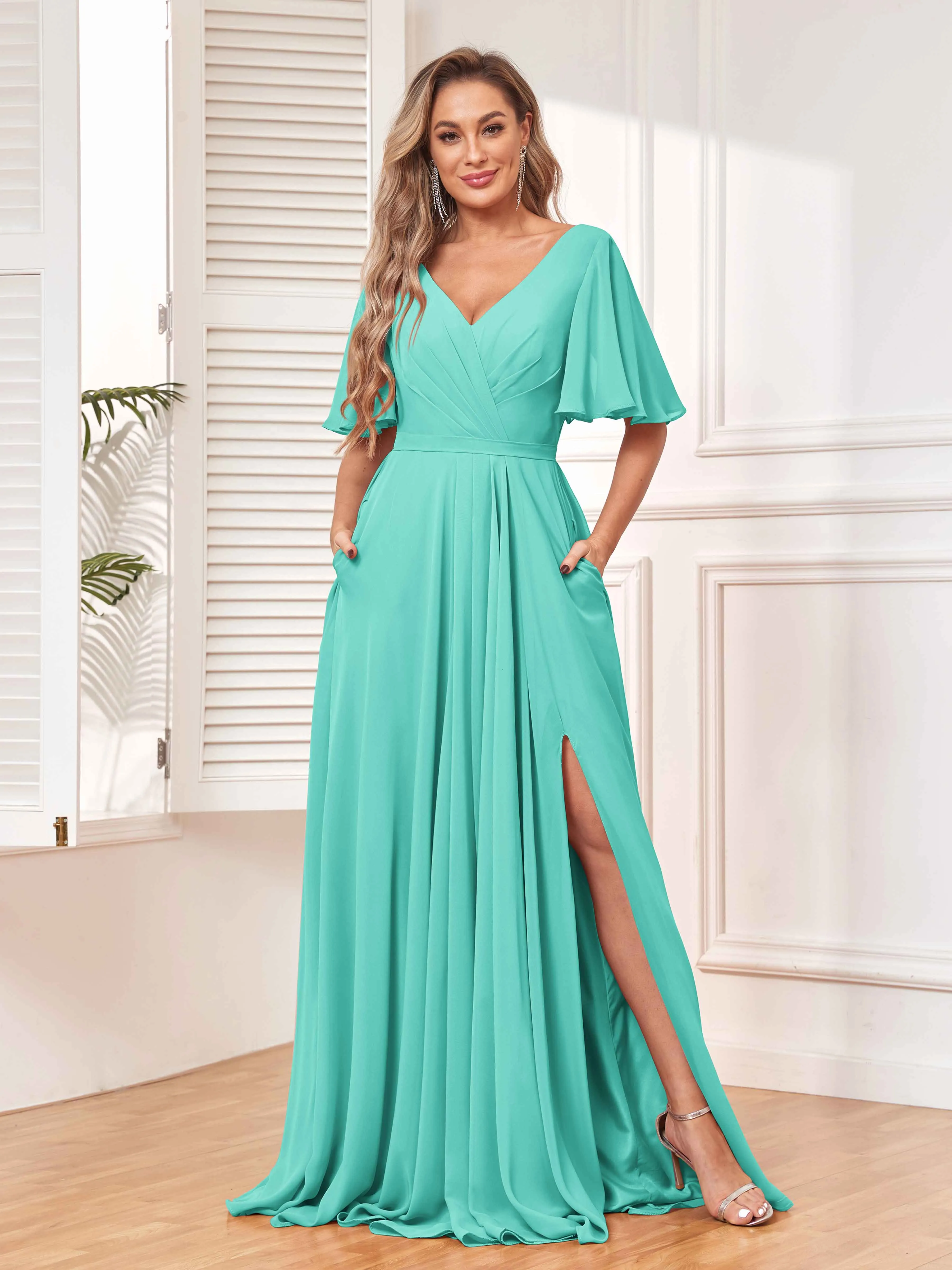Aubrey Flowing V-Neck Slit Floor Length Bridesmaid Dresses