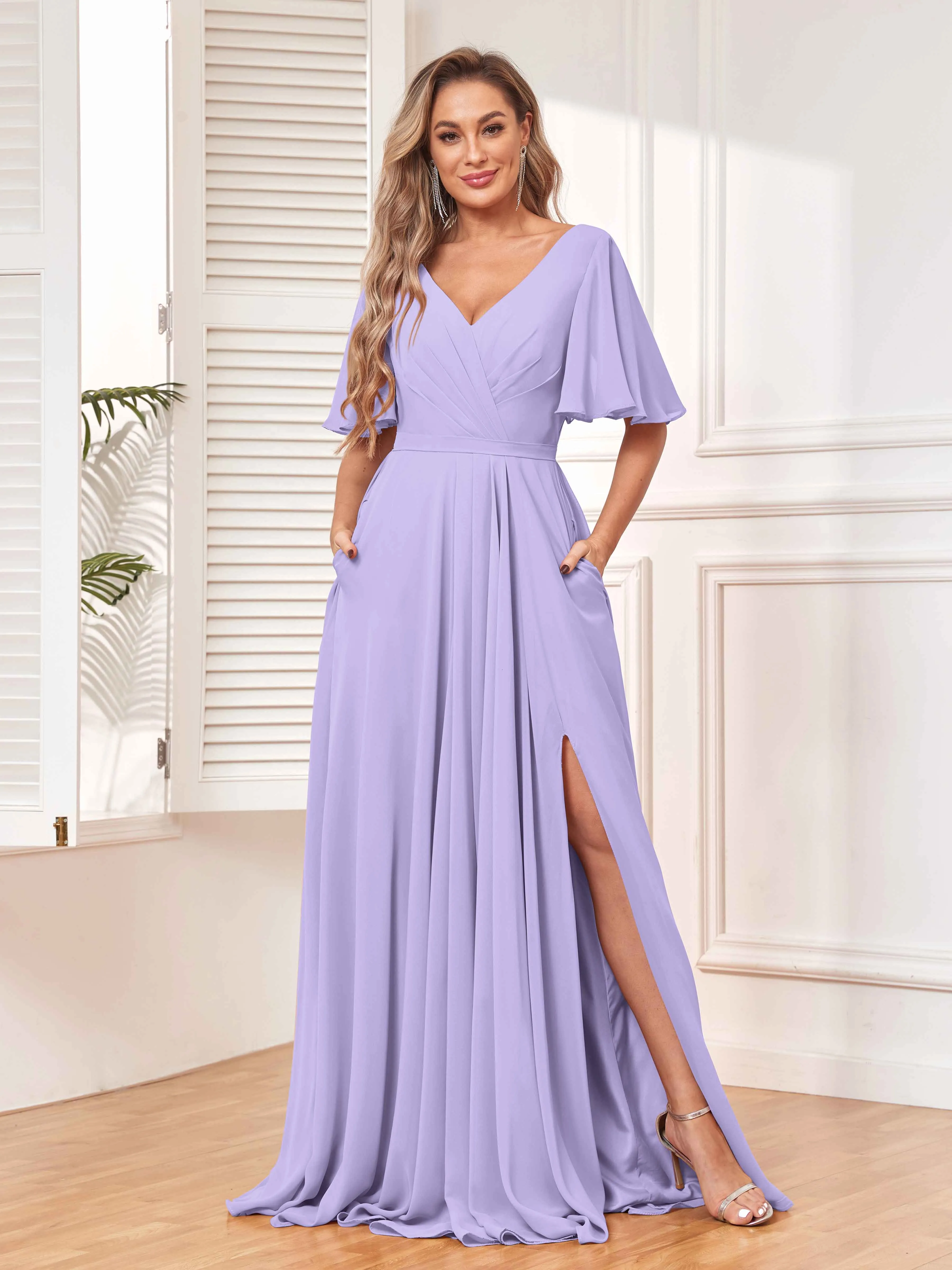 Aubrey Flowing V-Neck Slit Floor Length Bridesmaid Dresses