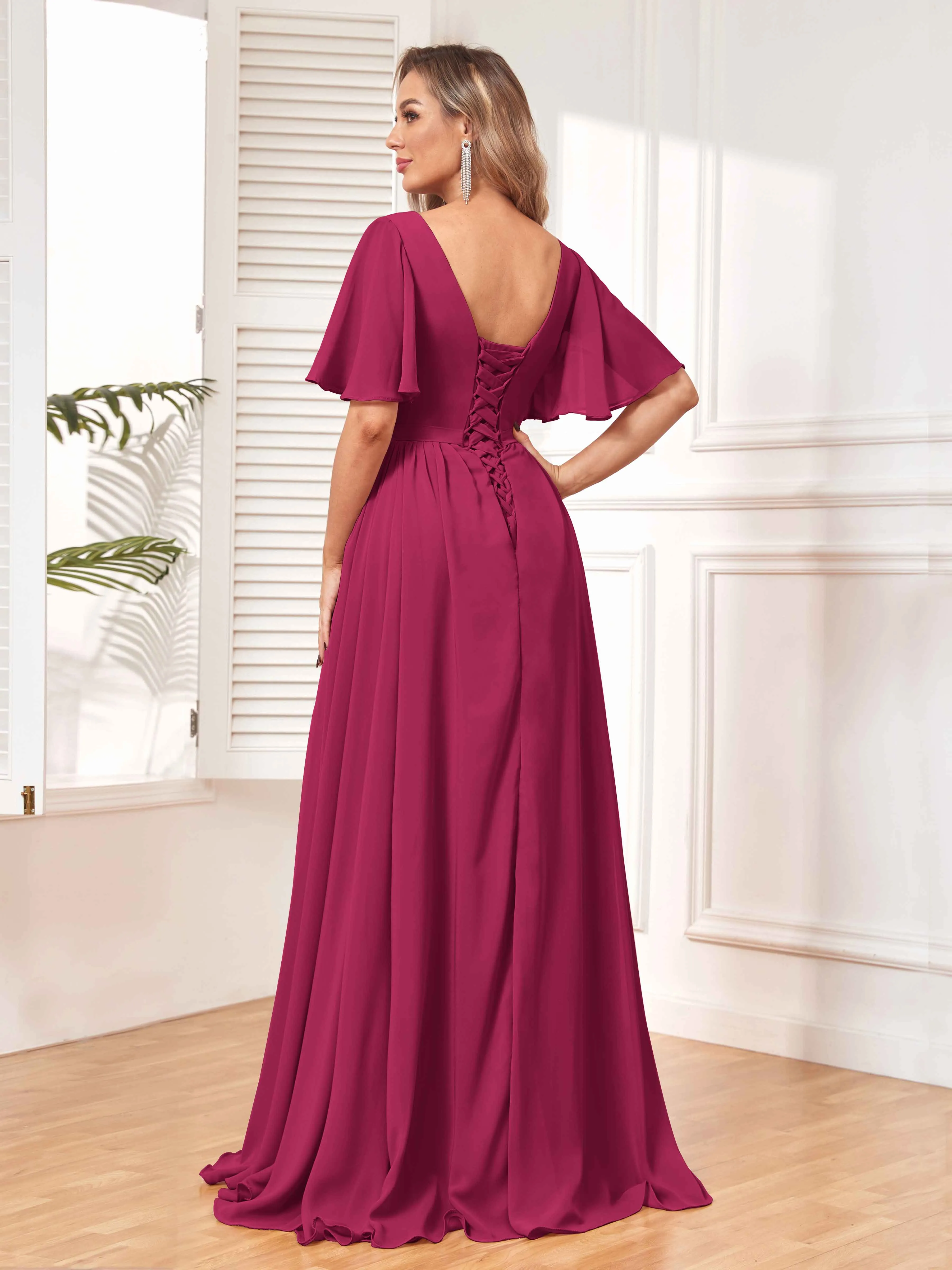 Aubrey Flowing V-Neck Slit Floor Length Bridesmaid Dresses