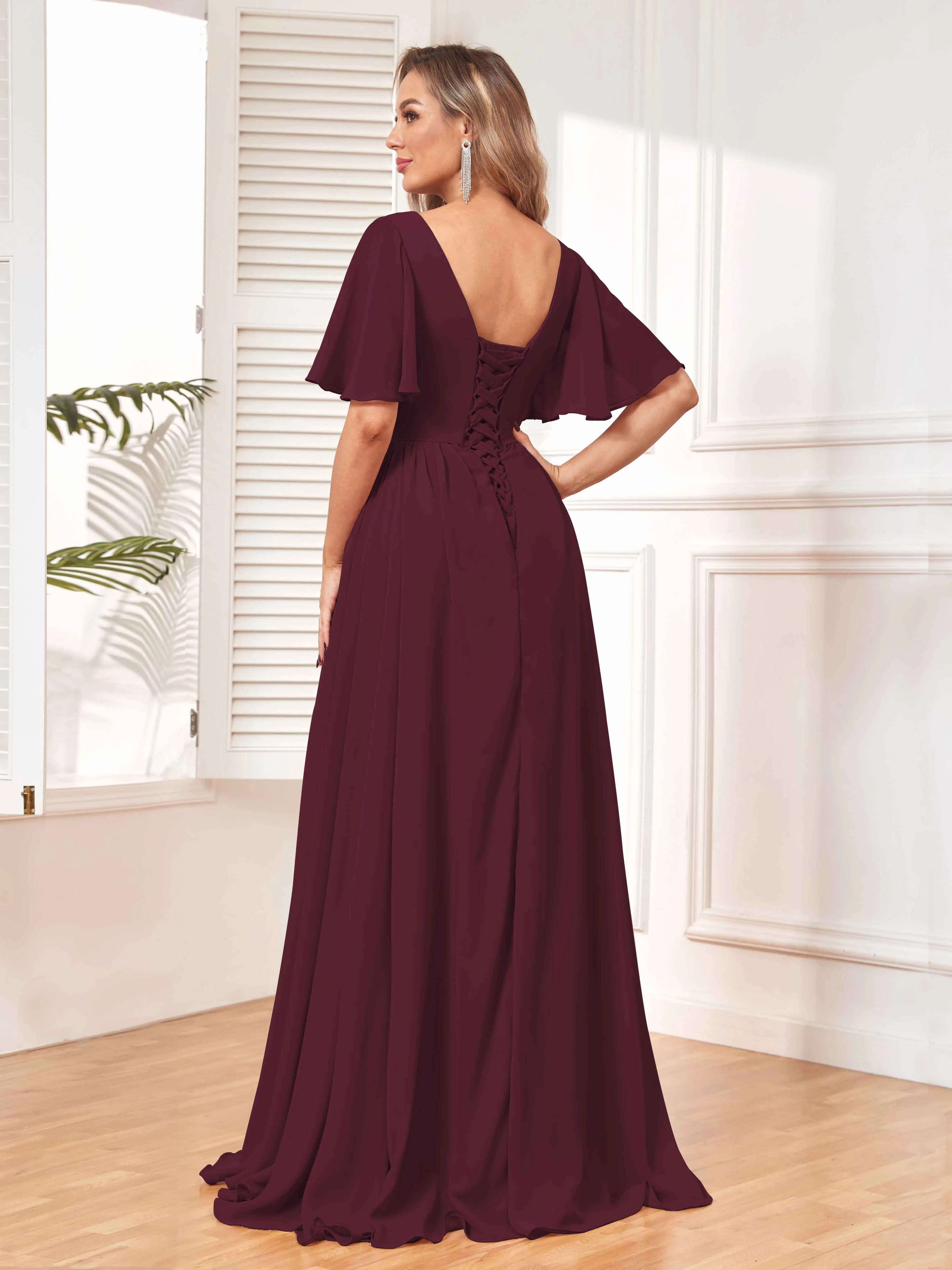 Aubrey Flowing V-Neck Slit Floor Length Bridesmaid Dresses