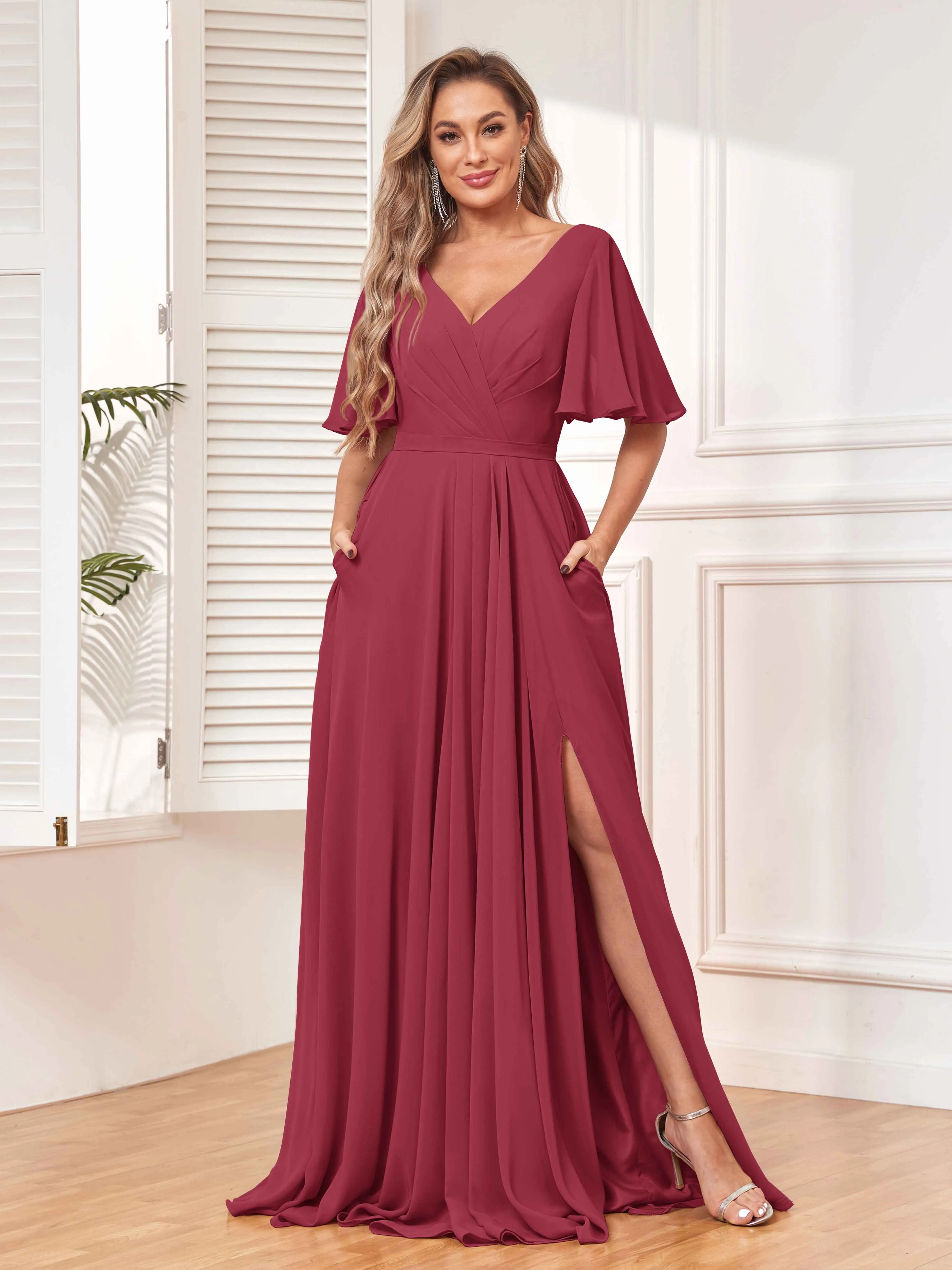 Aubrey Flowing V-Neck Slit Floor Length Bridesmaid Dresses