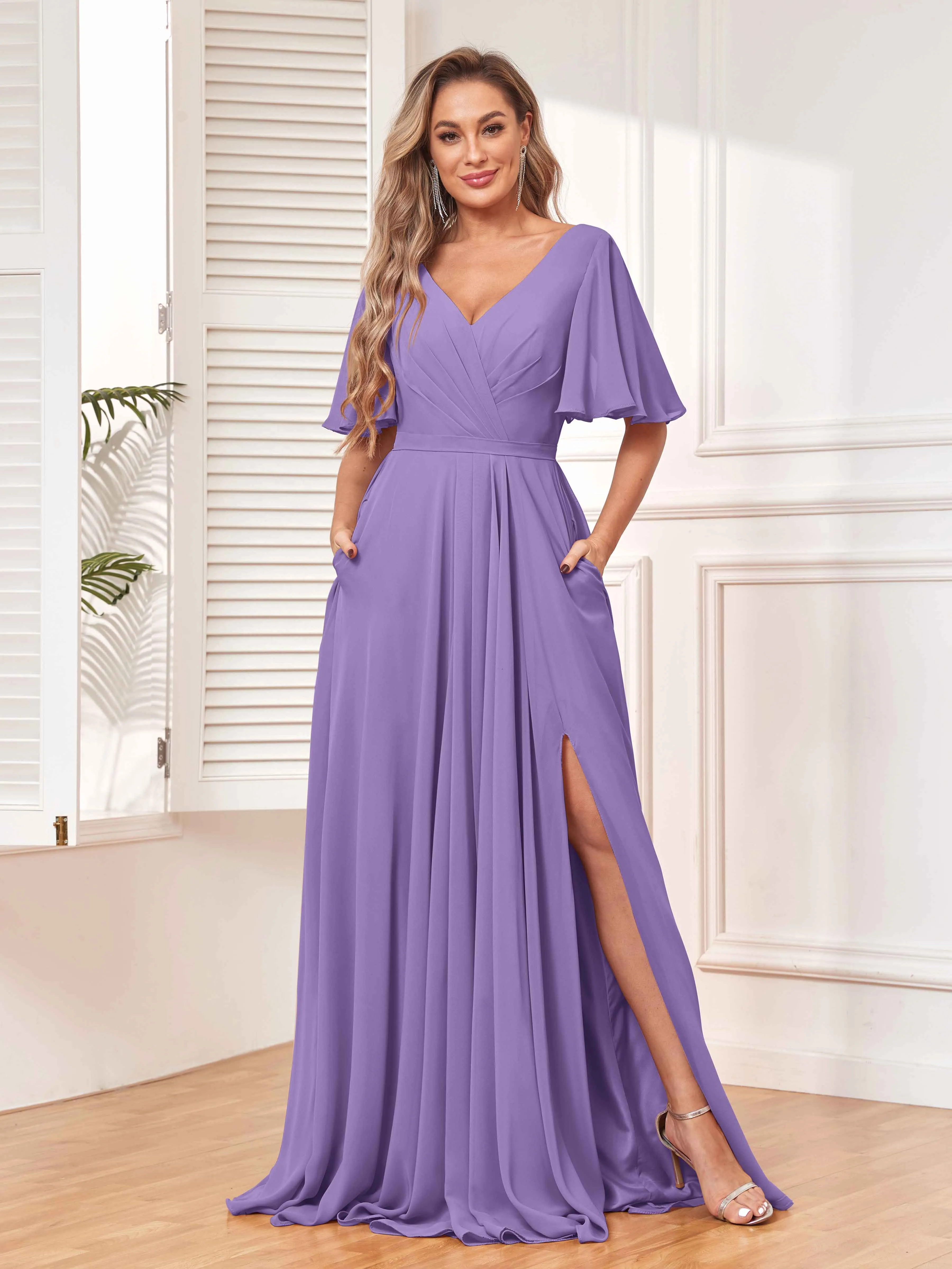 Aubrey Flowing V-Neck Slit Floor Length Bridesmaid Dresses