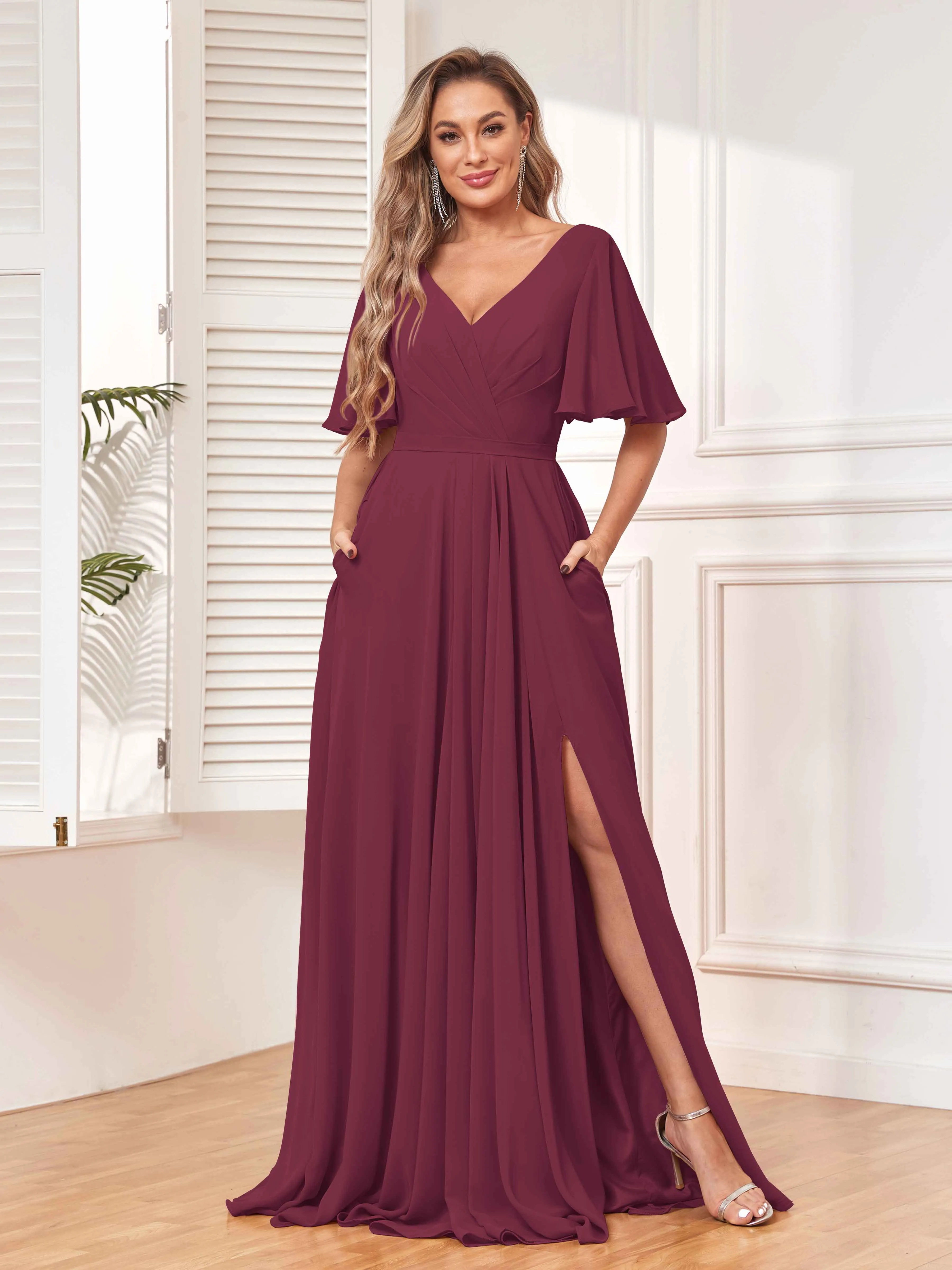 Aubrey Flowing V-Neck Slit Floor Length Bridesmaid Dresses