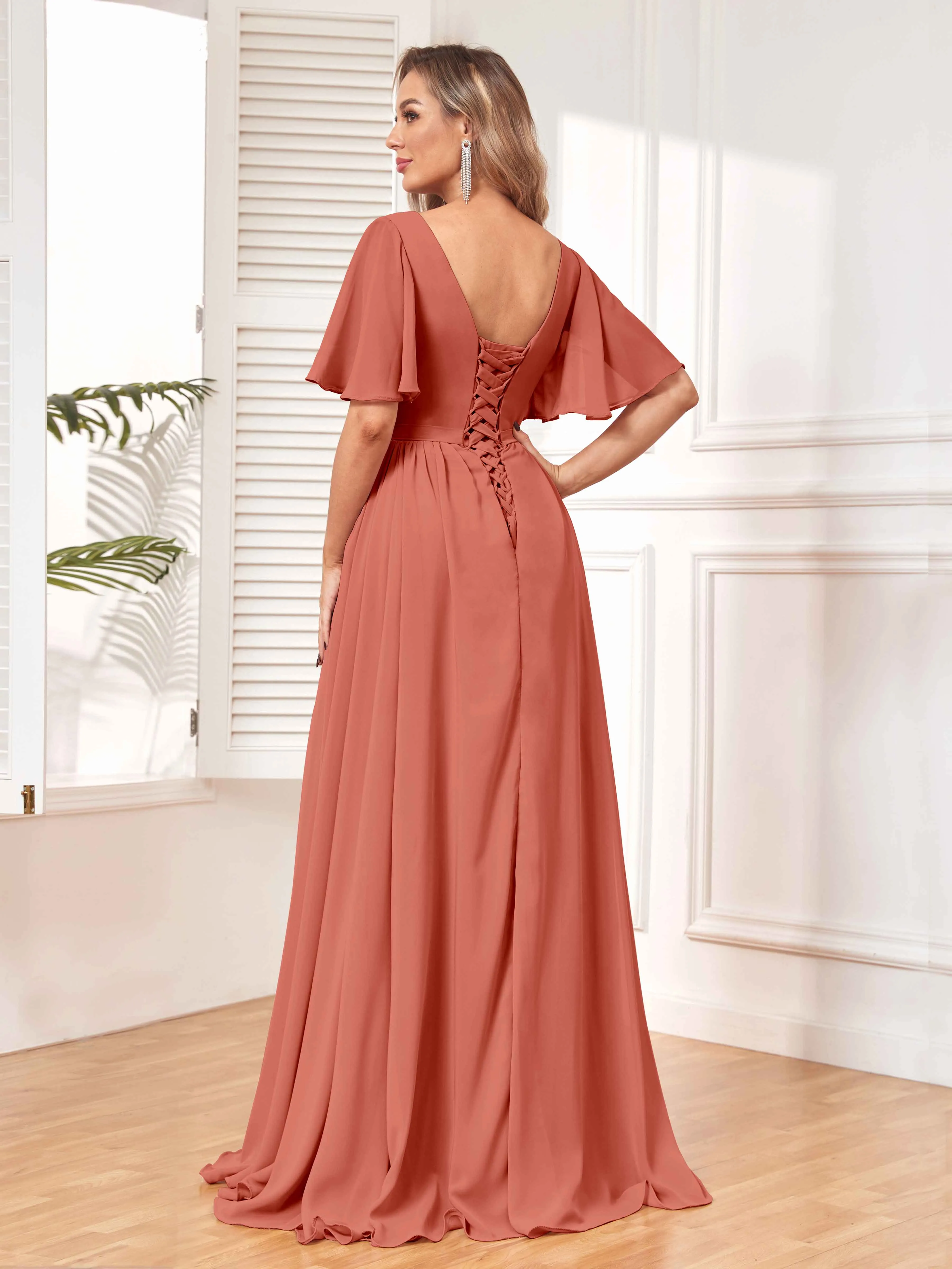 Aubrey Flowing V-Neck Slit Floor Length Bridesmaid Dresses