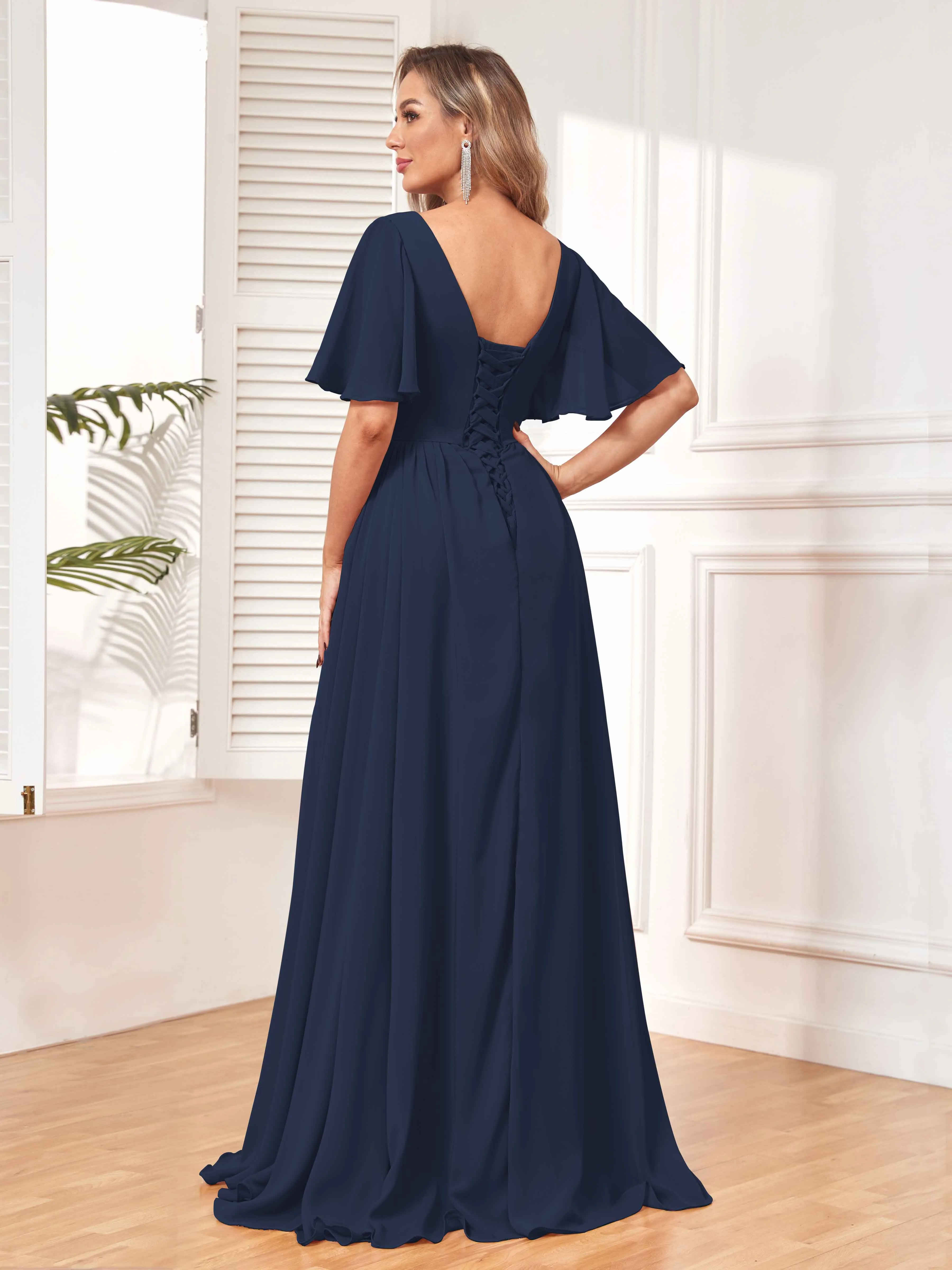 Aubrey Flowing V-Neck Slit Floor Length Bridesmaid Dresses