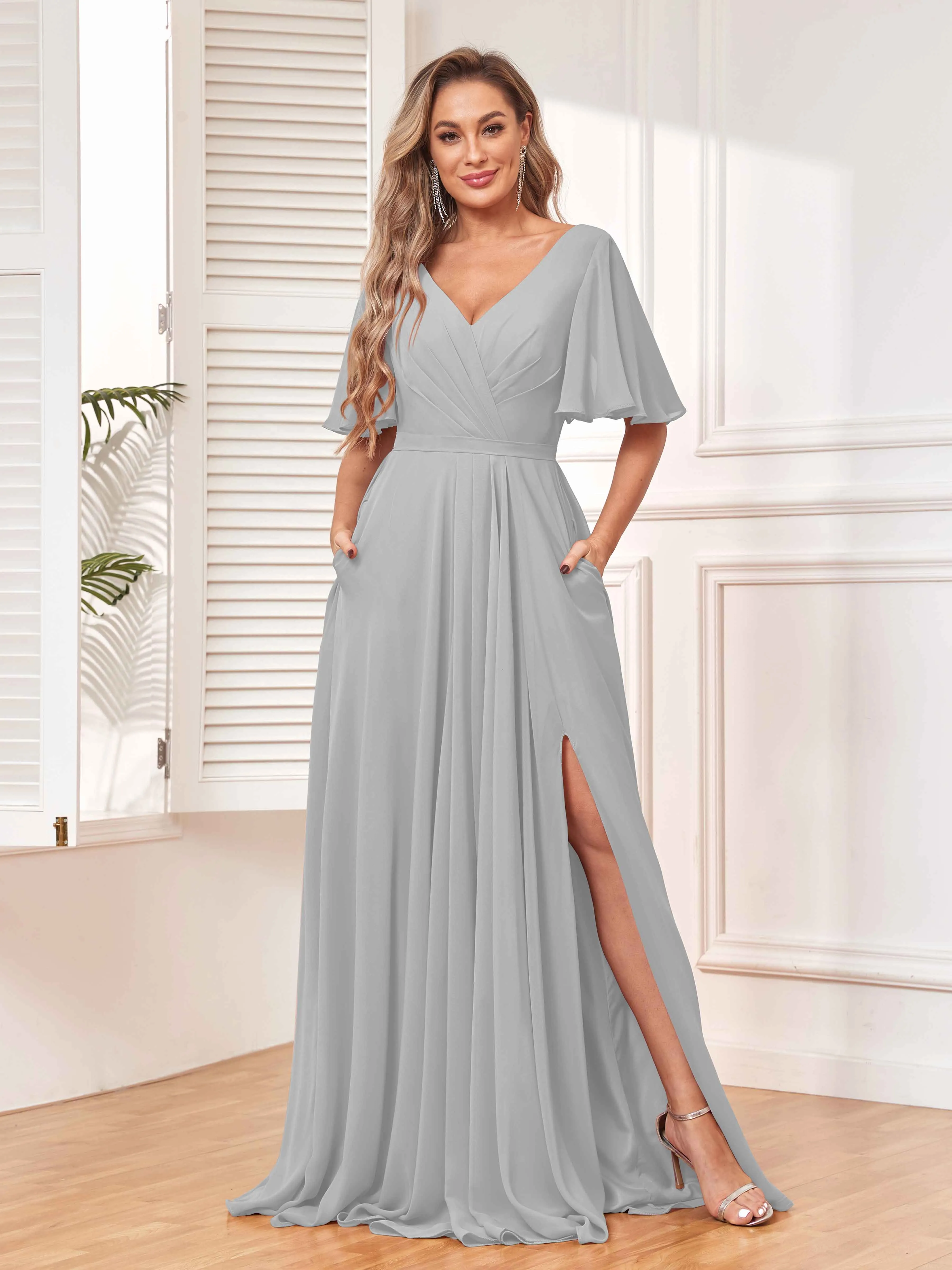Aubrey Flowing V-Neck Slit Floor Length Bridesmaid Dresses