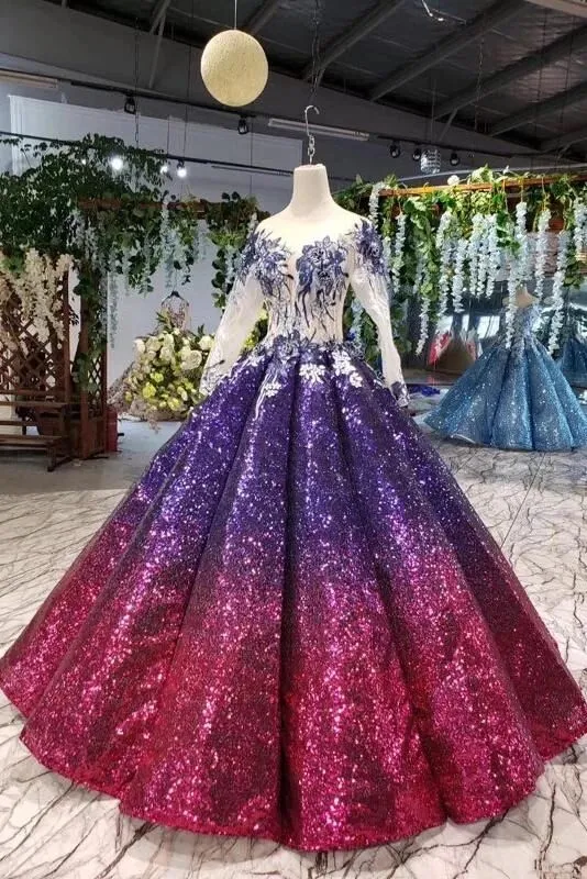 Ball Gown Long Sleeves Sequins Ombre Prom Dress, Pretty Quinceanera Dress PFP1596