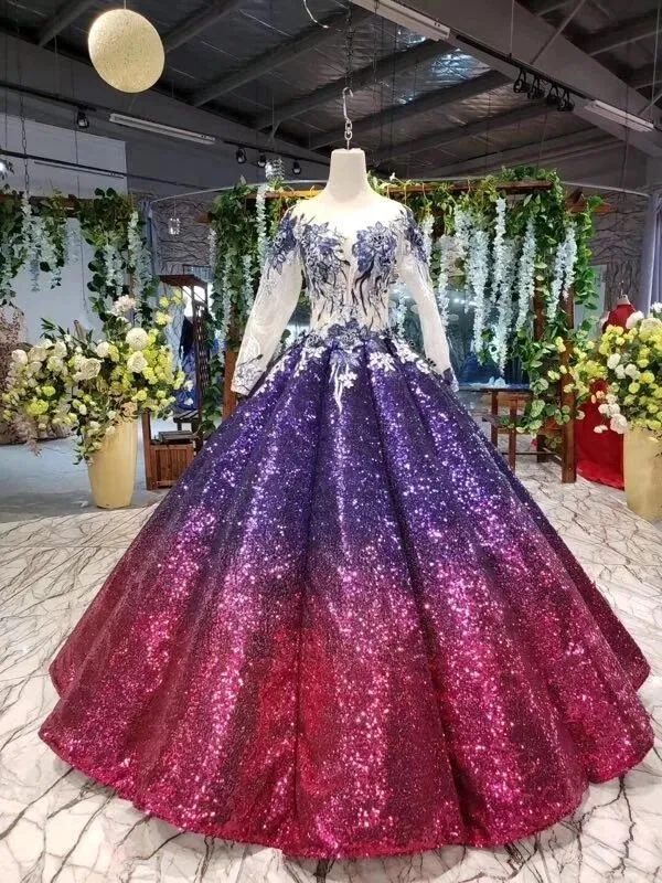 Ball Gown Long Sleeves Sequins Ombre Prom Dress, Pretty Quinceanera Dress PFP1596