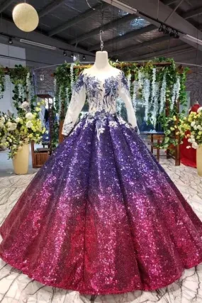 Ball Gown Long Sleeves Sequins Ombre Prom Dress, Pretty Quinceanera Dress PFP1596