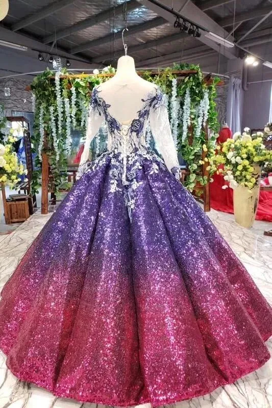 Ball Gown Long Sleeves Sequins Ombre Prom Dress, Pretty Quinceanera Dress PFP1596