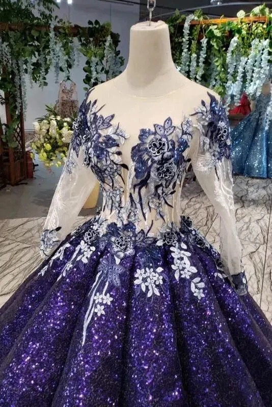 Ball Gown Long Sleeves Sequins Ombre Prom Dress, Pretty Quinceanera Dress PFP1596