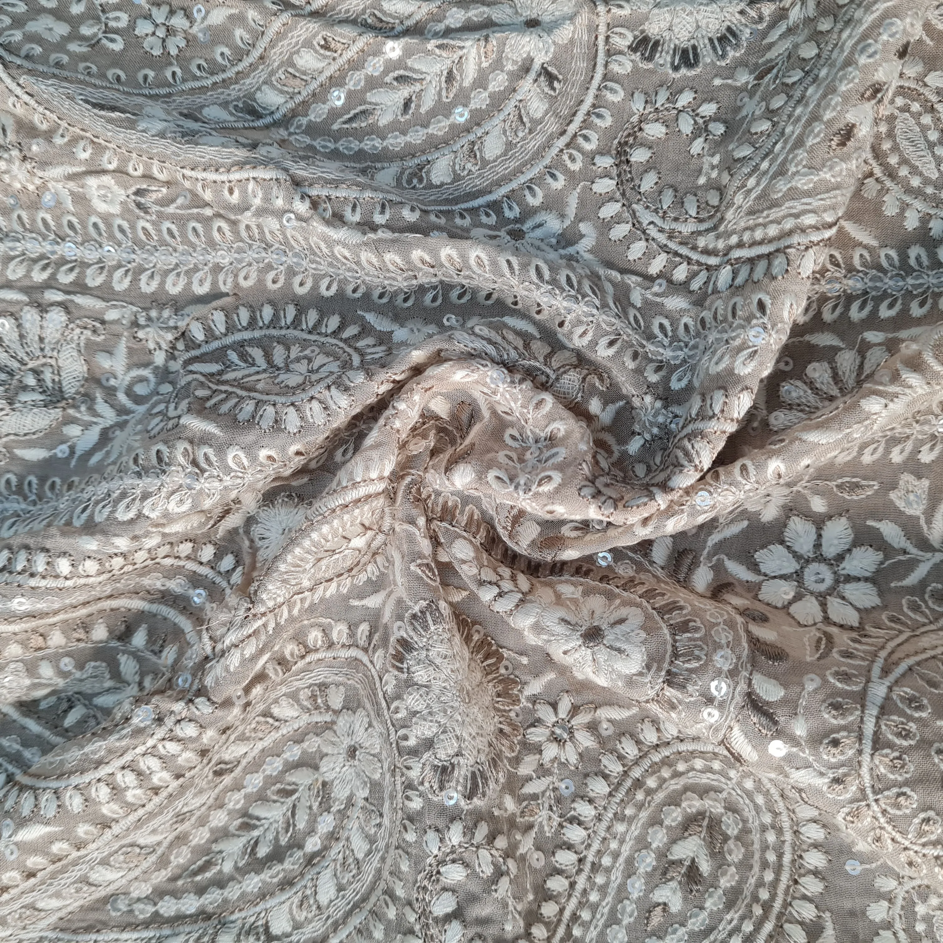 Beige Paisley Chikankari Embroidery Georgette Fabric 17862