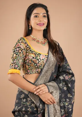 Black Georgette Floral Embroidery and Sequin - Cutdana Embellished blouse with yellow trims, Customizable, Made to Order