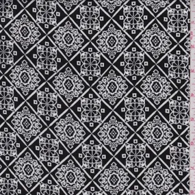 Black/White Scroll Tile Crepon Fabric
