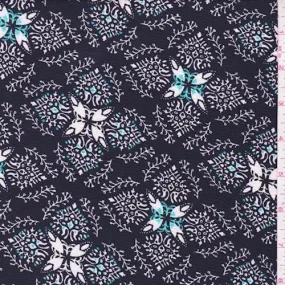 Black/White Vine Medallion Crepe Fabric