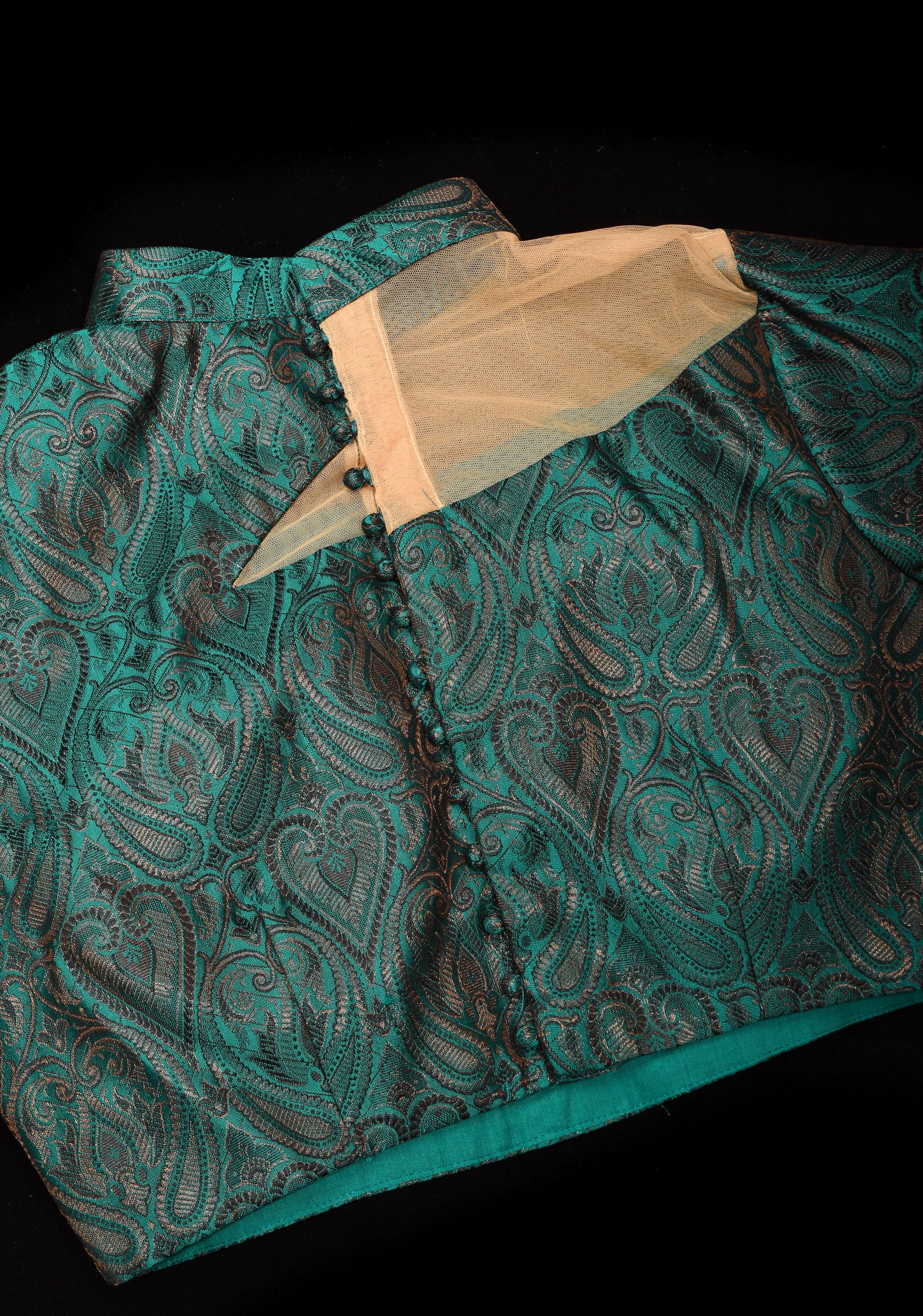 BLOUSE : Teal Banarasi Brocade Blouse with One Shoulder Cutout with Net, Made to Order