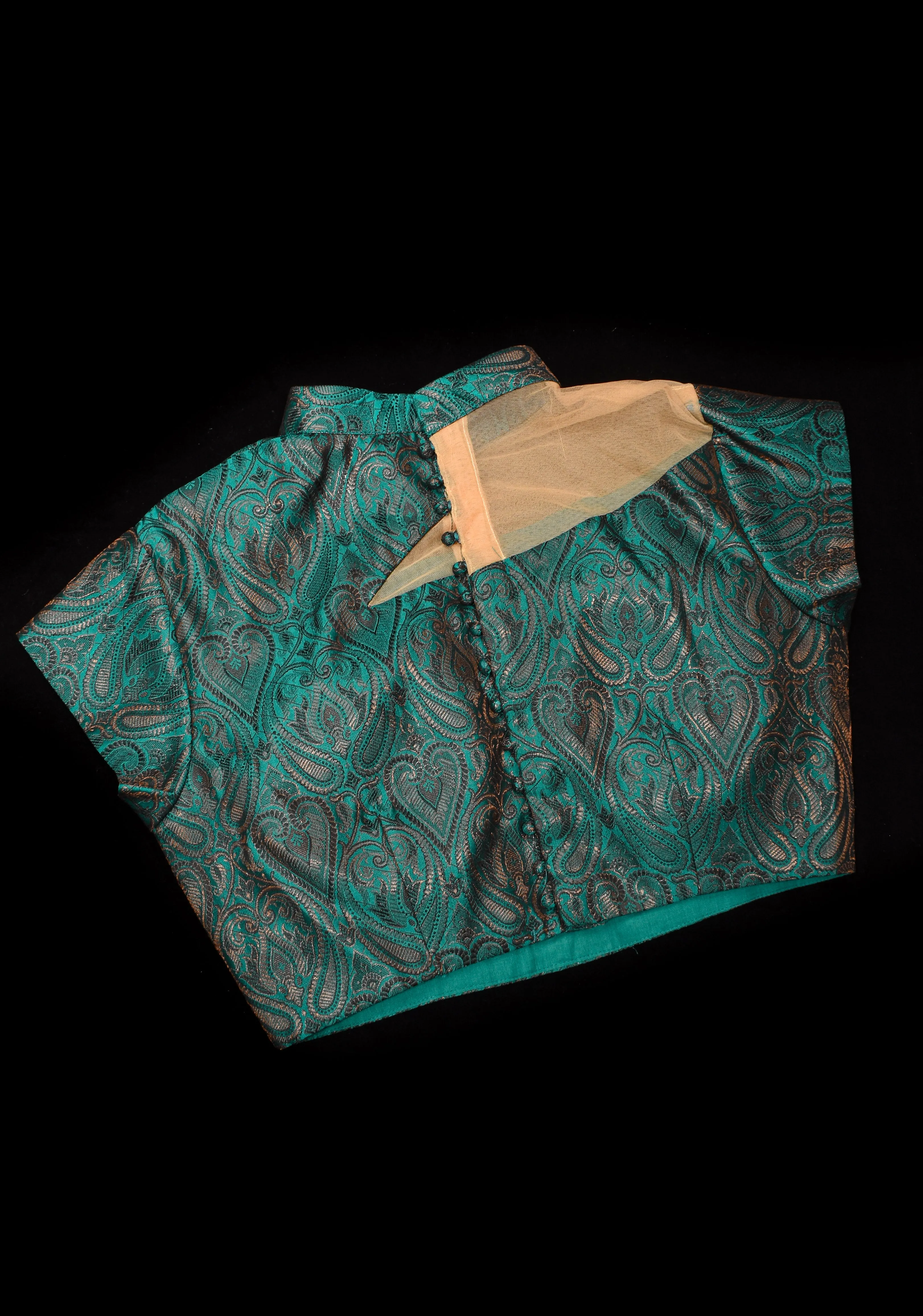 BLOUSE : Teal Banarasi Brocade Blouse with One Shoulder Cutout with Net, Made to Order