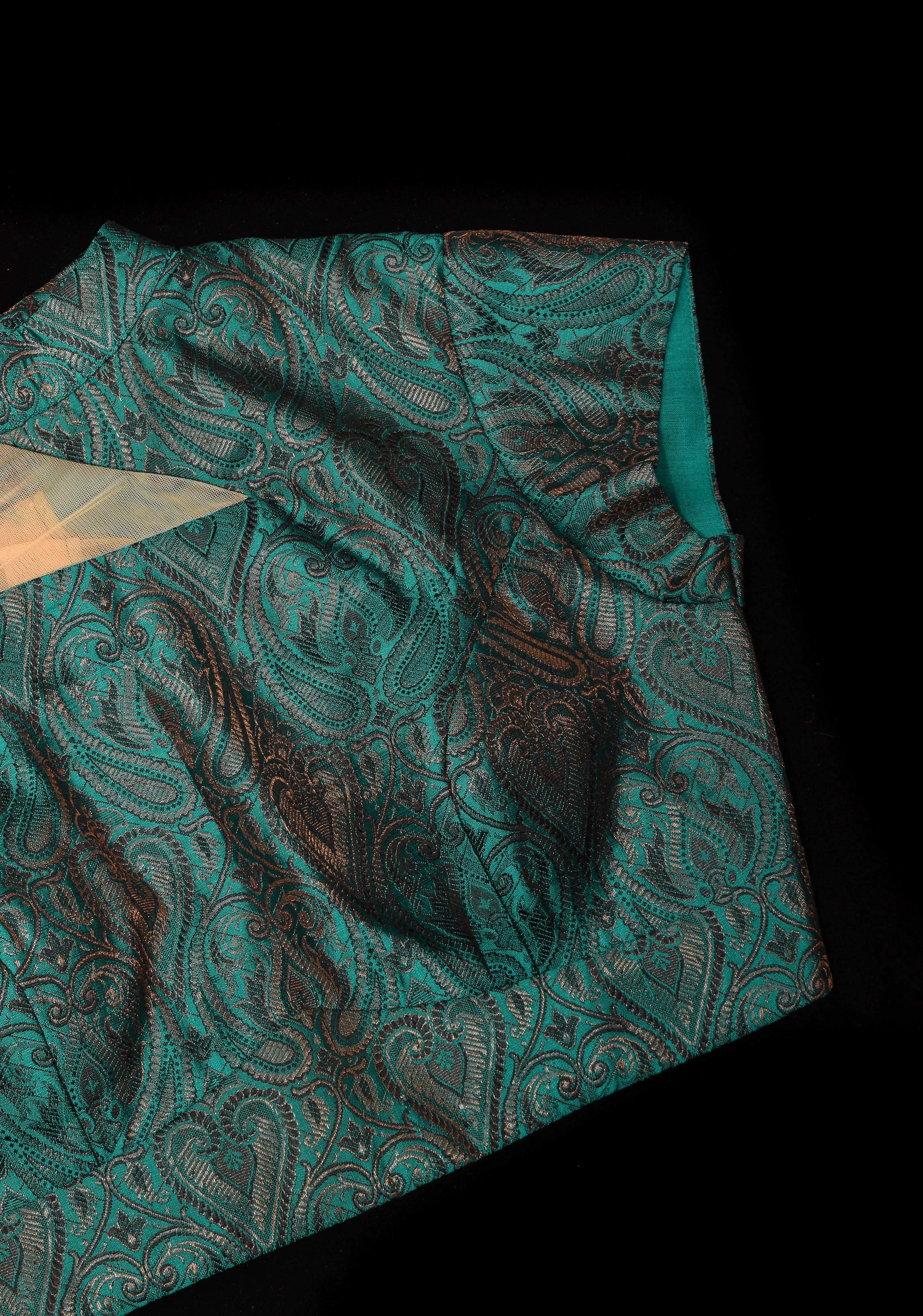 BLOUSE : Teal Banarasi Brocade Blouse with One Shoulder Cutout with Net, Made to Order