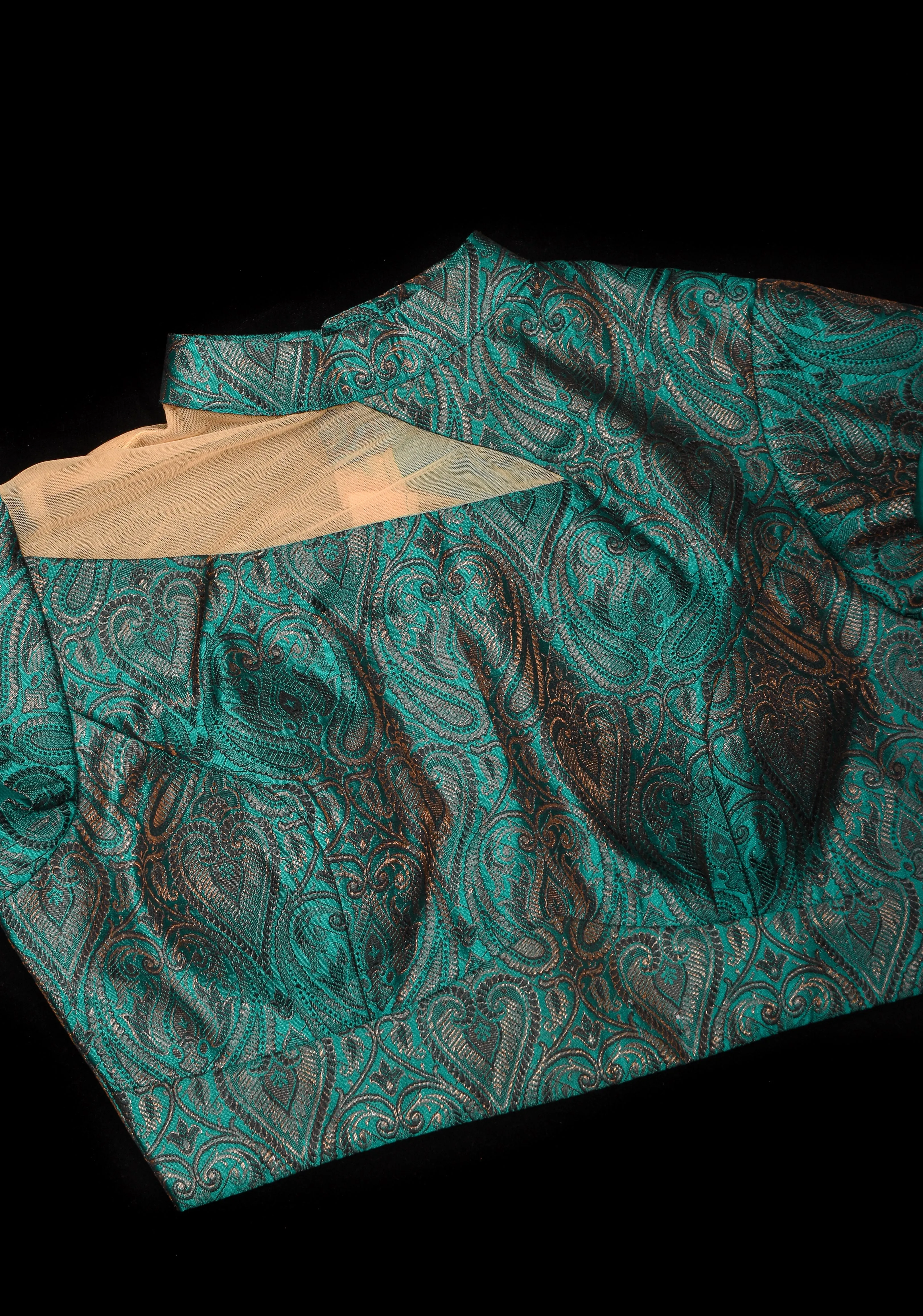 BLOUSE : Teal Banarasi Brocade Blouse with One Shoulder Cutout with Net, Made to Order