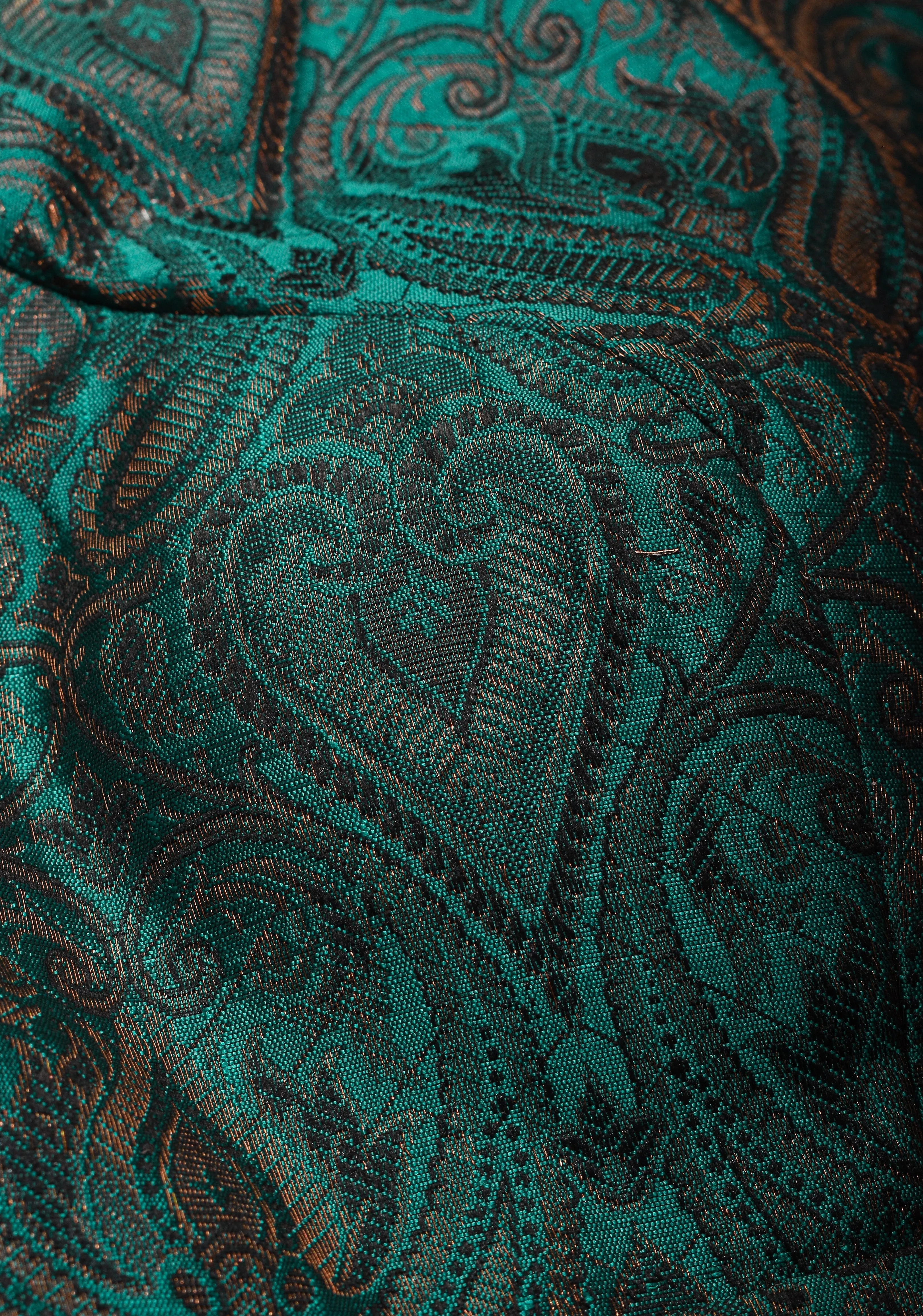 BLOUSE : Teal Banarasi Brocade Blouse with One Shoulder Cutout with Net, Made to Order