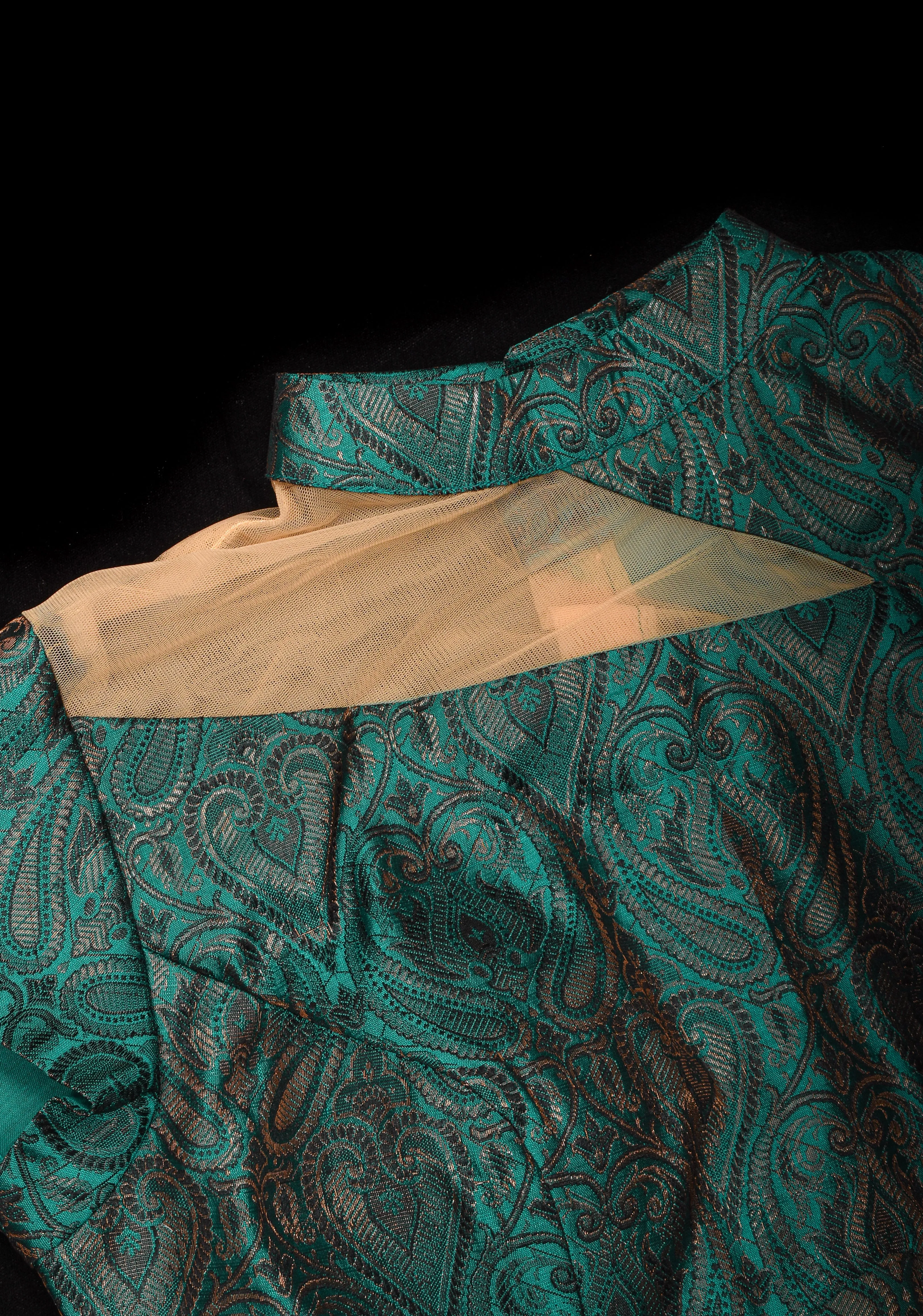 BLOUSE : Teal Banarasi Brocade Blouse with One Shoulder Cutout with Net, Made to Order