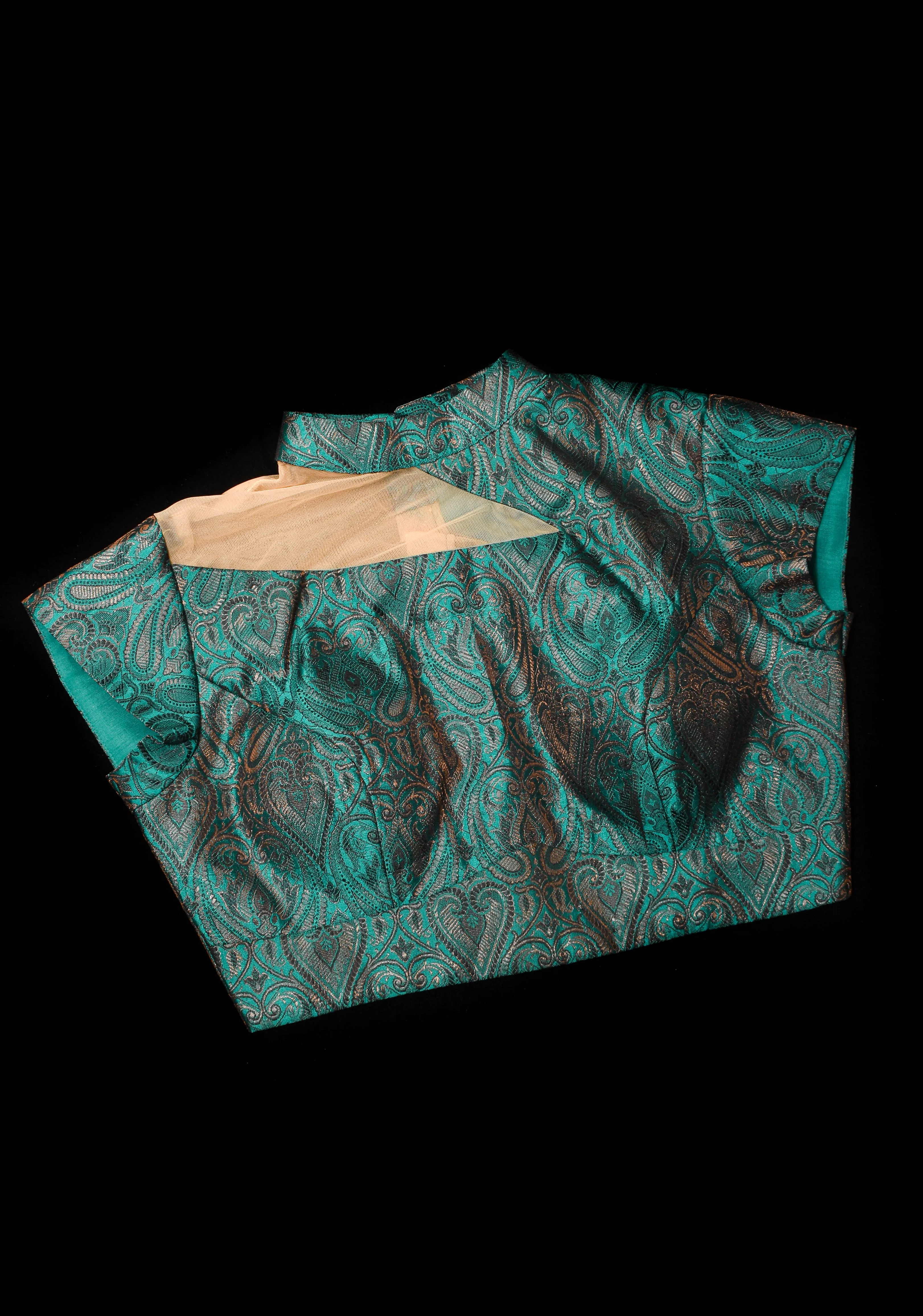 BLOUSE : Teal Banarasi Brocade Blouse with One Shoulder Cutout with Net, Made to Order