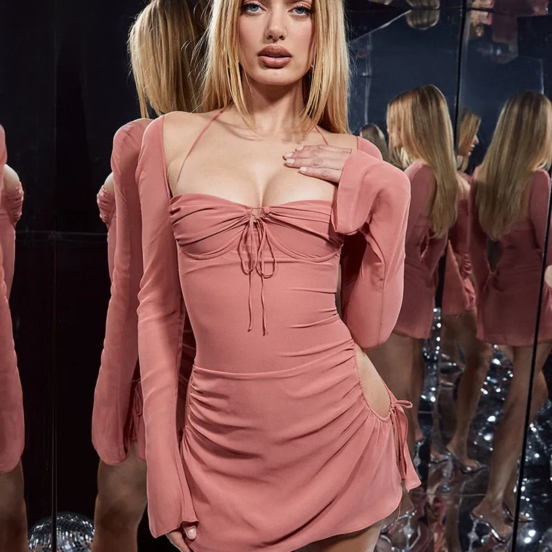Bonnyshow  Elegant Baby Pink Cutout Halter Mini Dress for Women Club Party  Drawstring Mesh Ruched Dresses Clothes