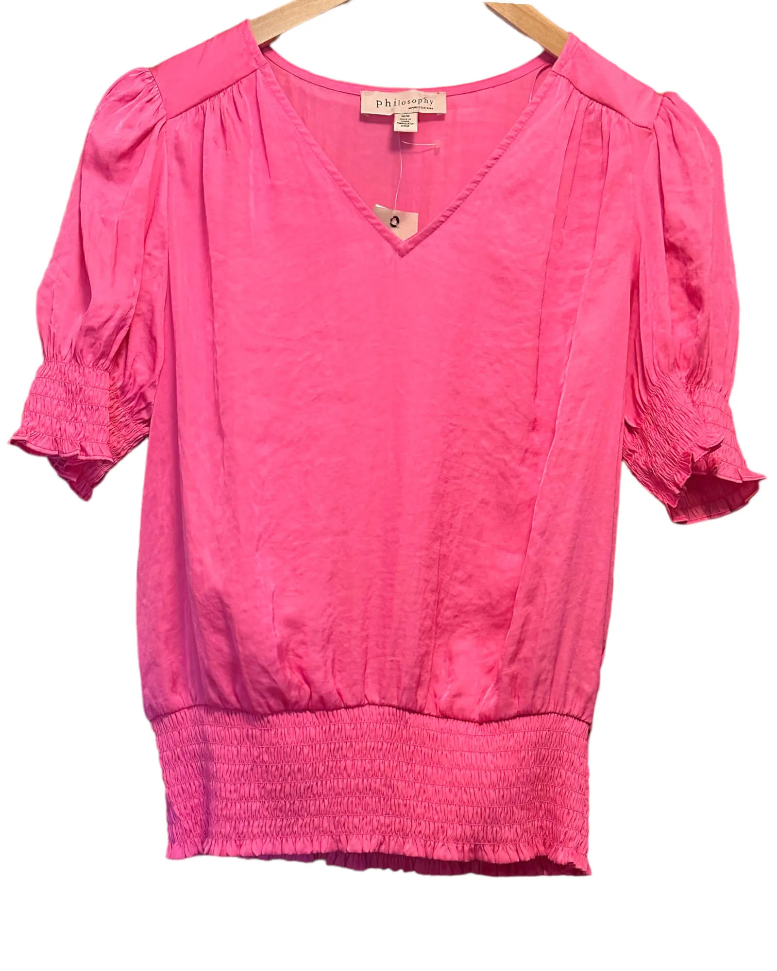 Bright Spring Bubblegum V-Neck Puff Sleeve Smocked Blouse