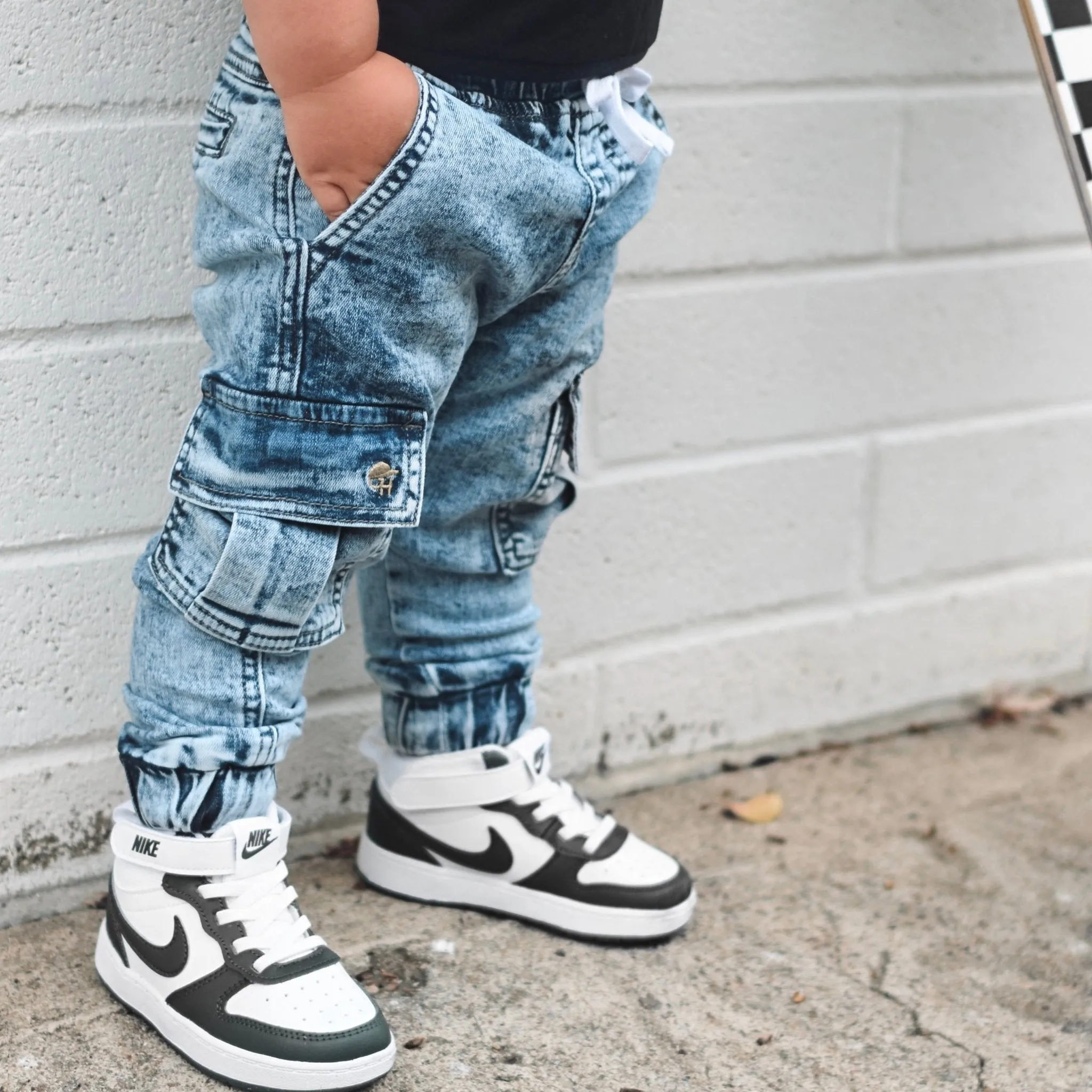 Cargo Acid Wash Blue Denim Jogger Pants
