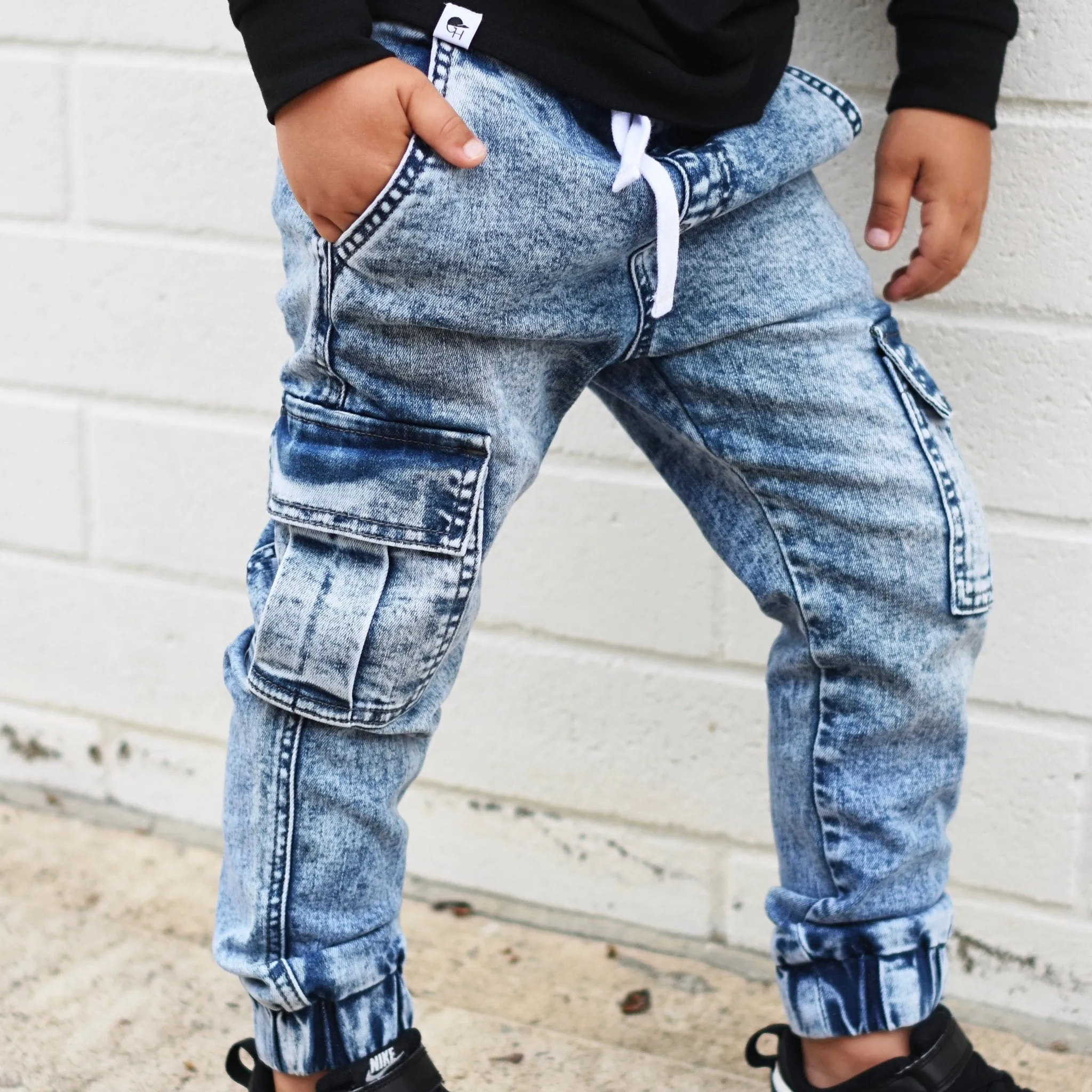 Cargo Acid Wash Blue Denim Jogger Pants
