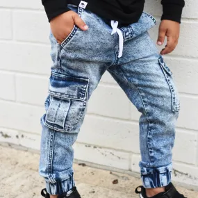 Cargo Acid Wash Blue Denim Jogger Pants
