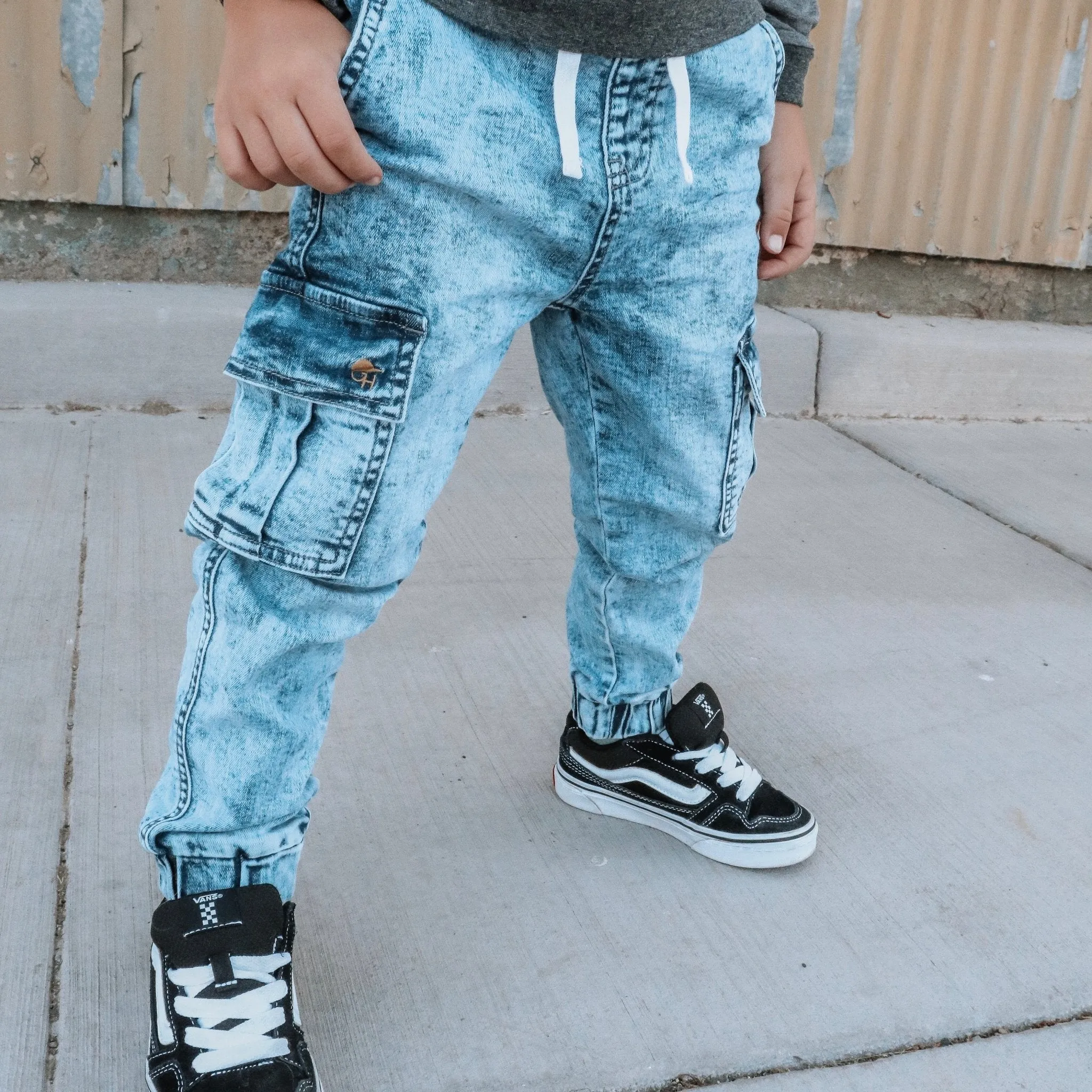 Cargo Acid Wash Blue Denim Jogger Pants