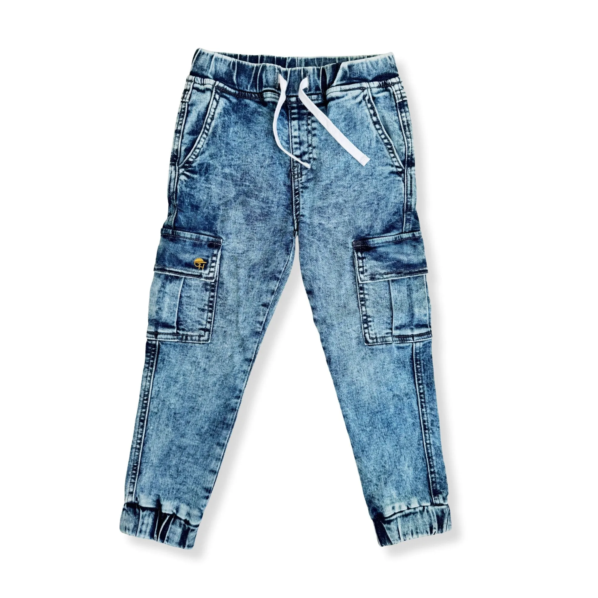 Cargo Acid Wash Blue Denim Jogger Pants
