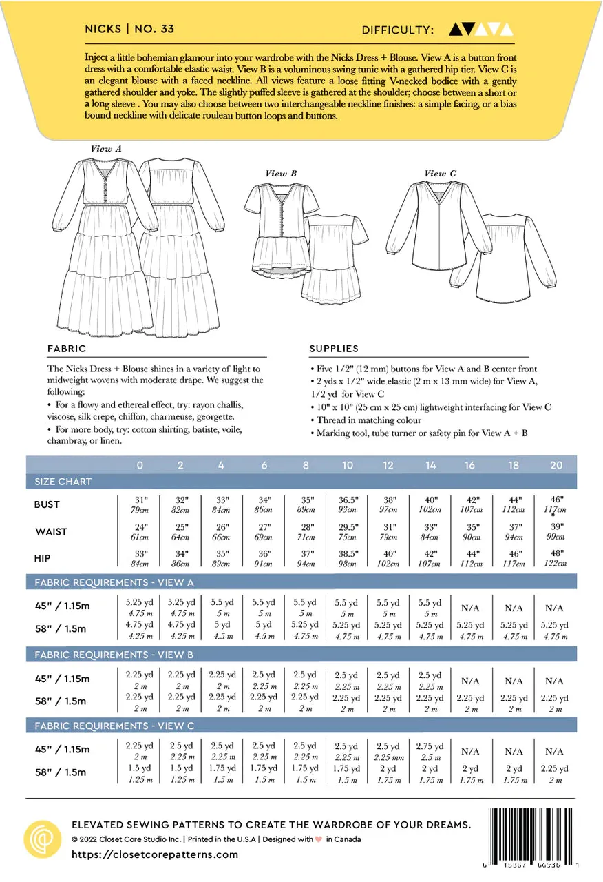 CLOSET CORE • Nicks Dress & Blouse Sewing Pattern