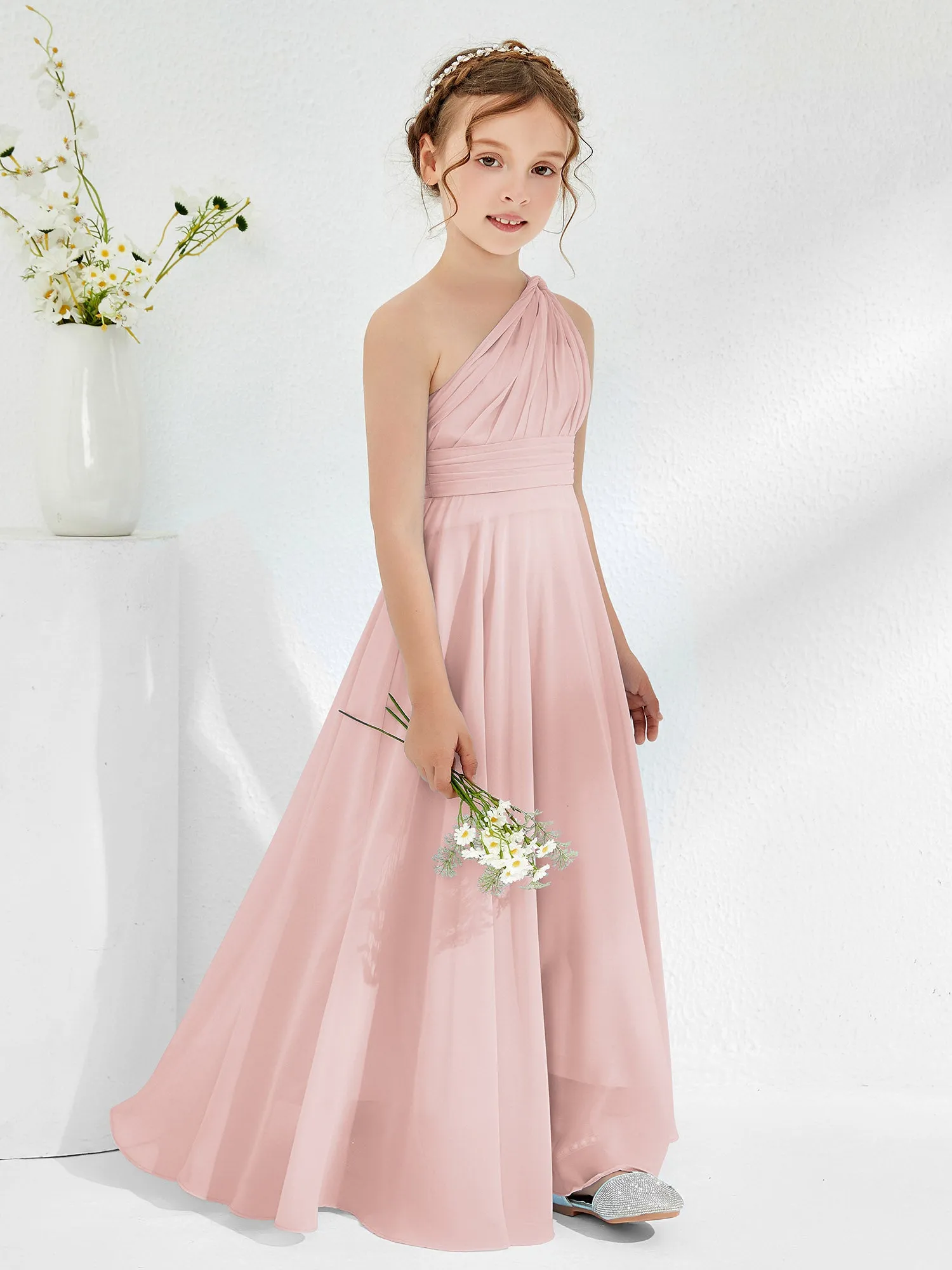 Cute One Shoulder  A-line Junior Bridesmaid Dresses Dusty Rose