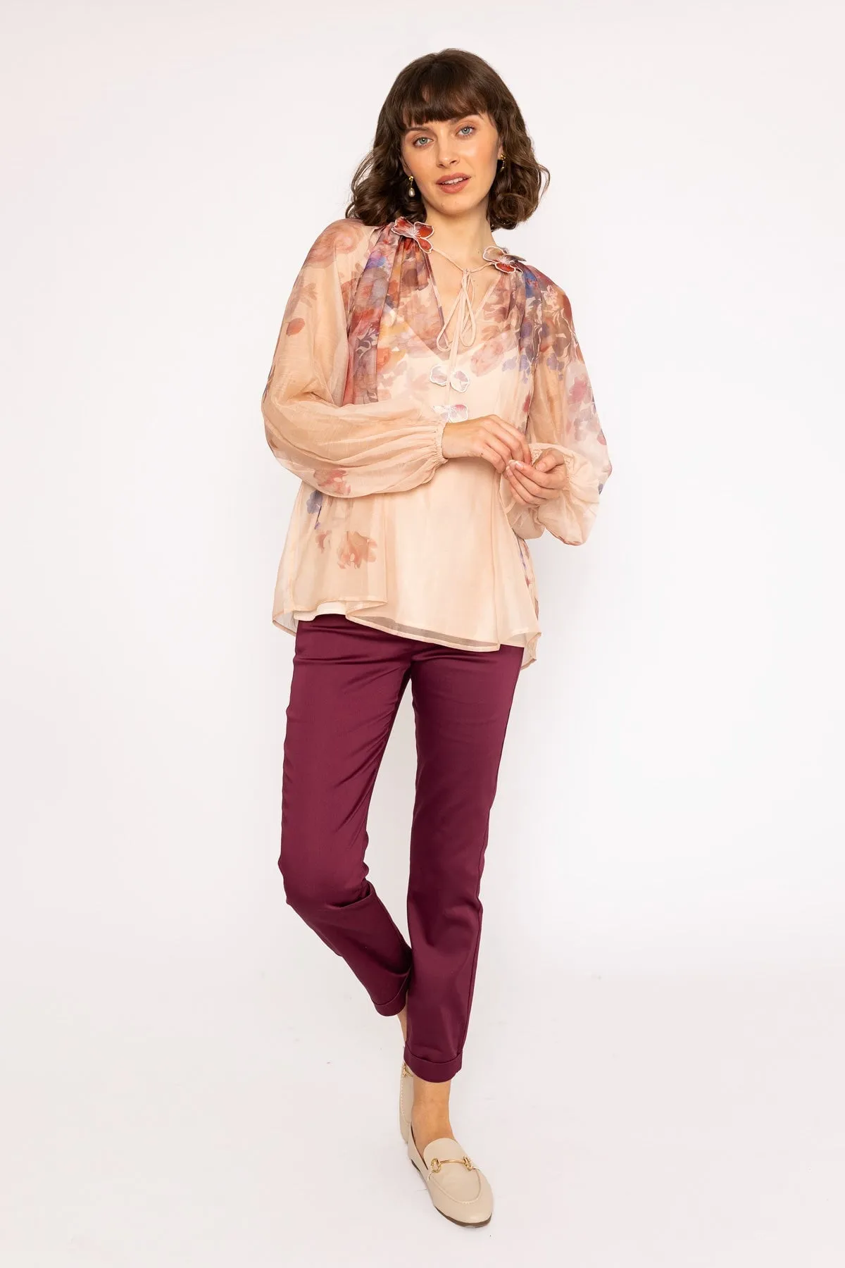 Delicate Floral Print Blouse with Neckline Flower Detailing
