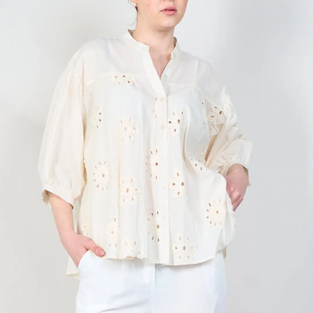 Embroidered puff sleeve blouse with button details wholesale