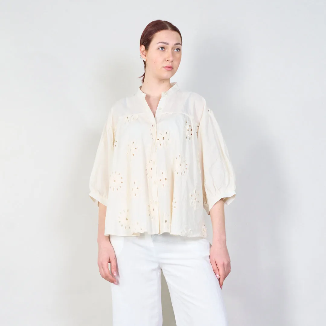 Embroidered puff sleeve blouse with button details wholesale