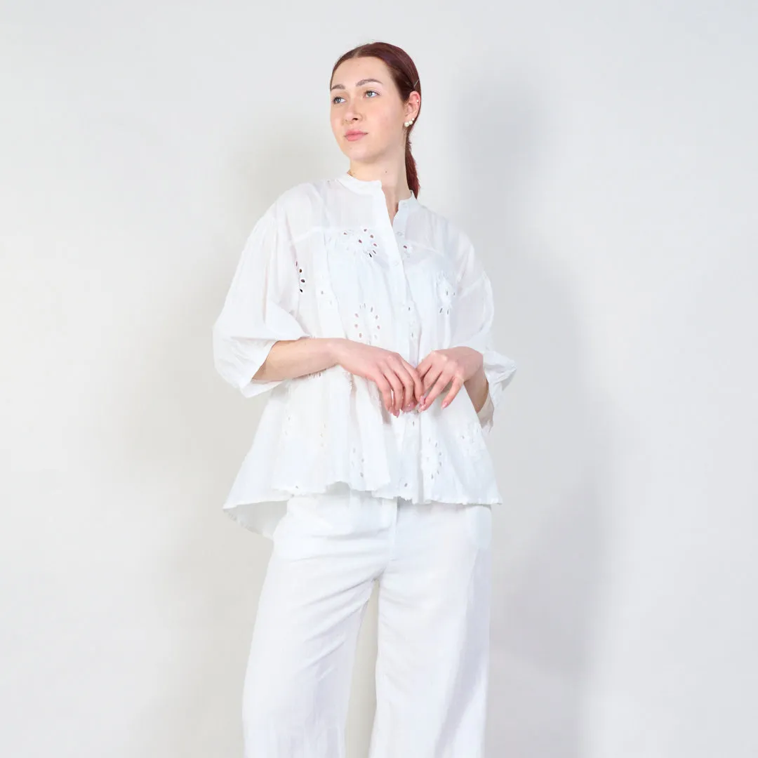 Embroidered puff sleeve blouse with button details wholesale