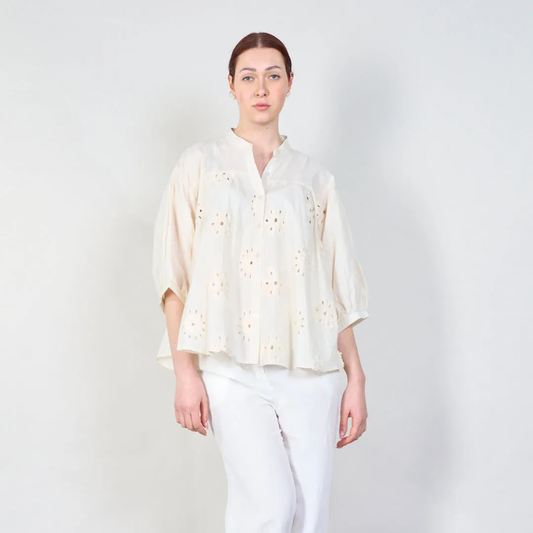 Embroidered puff sleeve blouse with button details wholesale